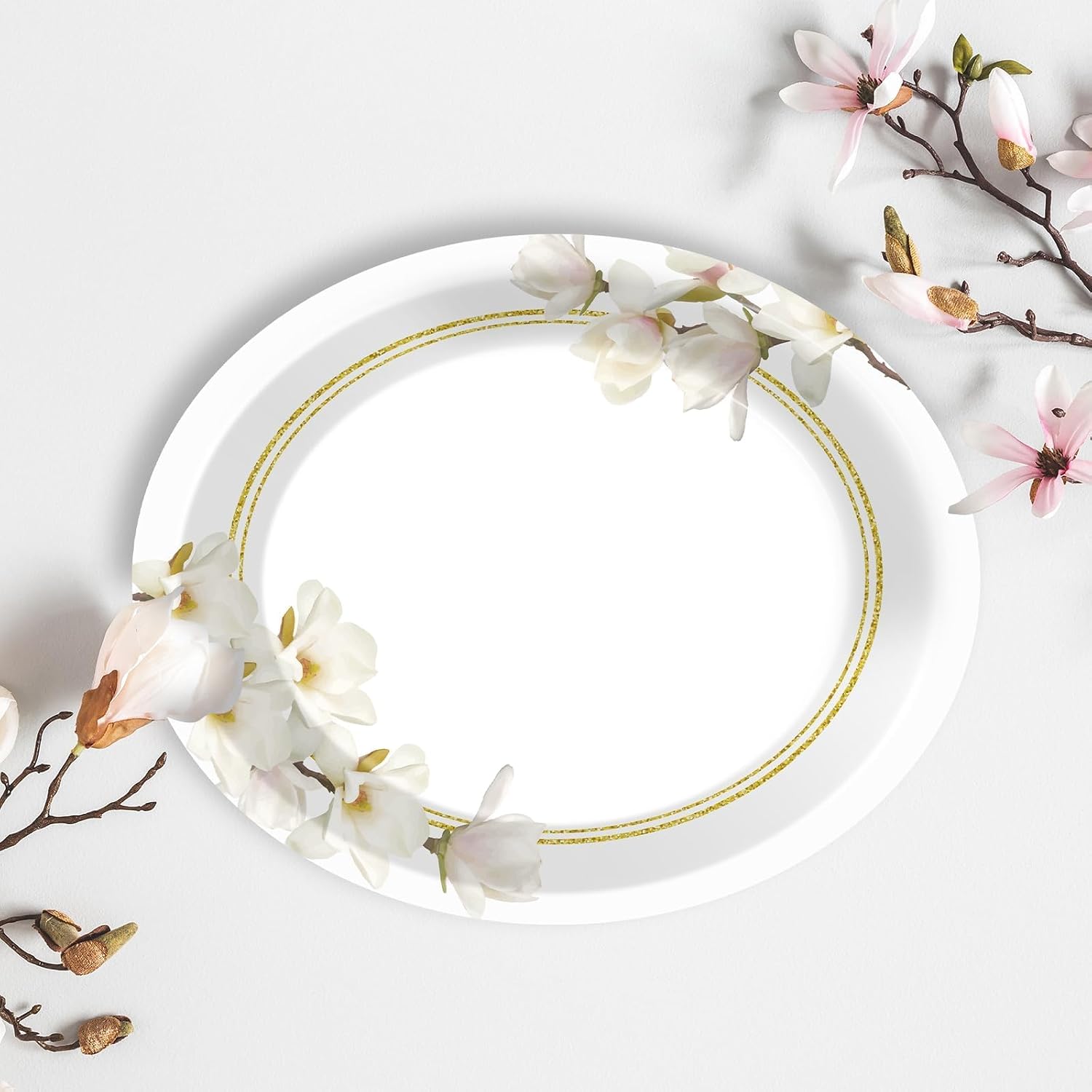 50 Count Floral White Magnolia Oval Plates Spring Flower Disposable Plates 11*9inch Magnolia Paper Plates Blossom Large Disposable Platter for Wedding Anniversary Baby Shower Bridal Party Supplies