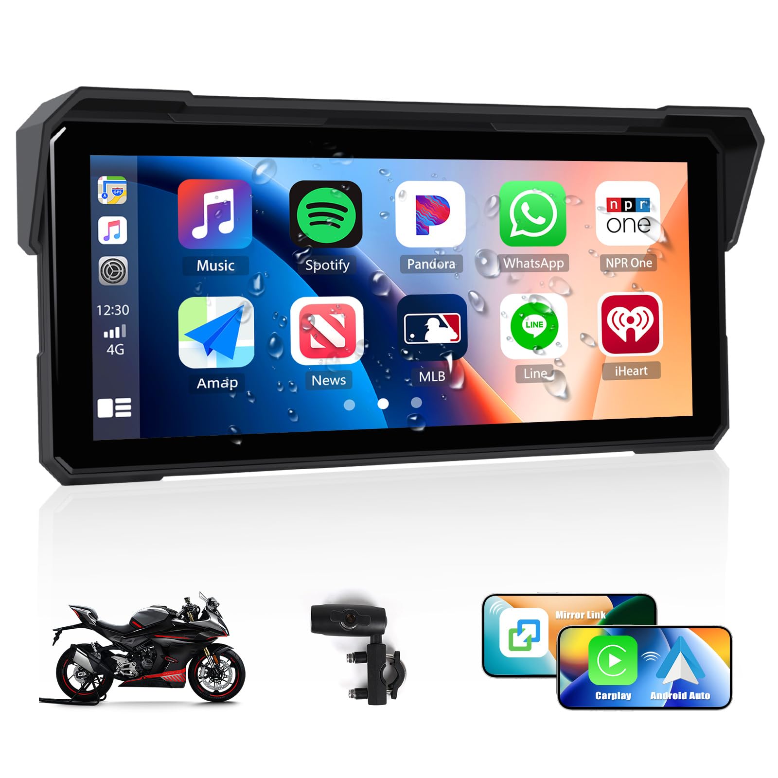 CAMECHO Écran Moto 8.1 Pouces HD IP68 Dash Cam, CarPlay/Android Auto sans Fil, Mirroring iOS/Android &Bluetooth | Support Vertical Universel avec Fonds d’Écran
