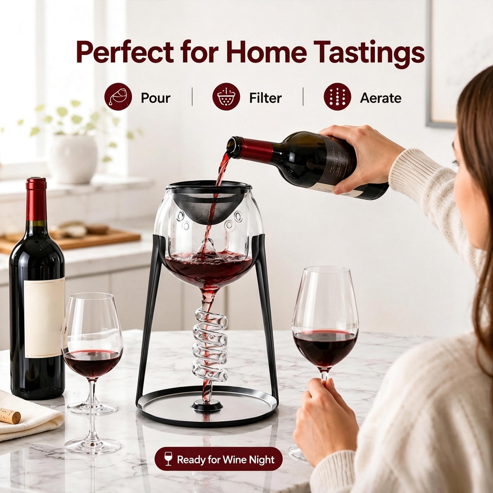 Aérateur de vin en verre, modèle à spirale avec filtre et support