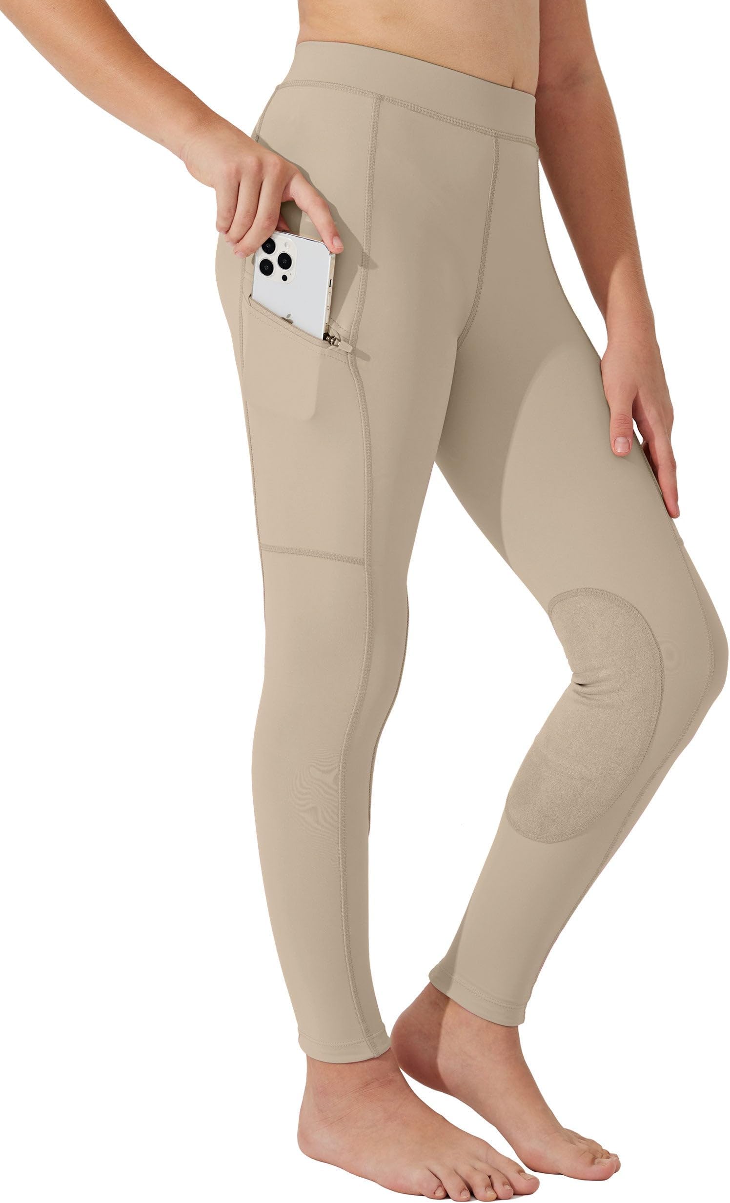 Girls Horse Riding Pants Tights Kids Equestrian Breeches Knee-Patch Youth Schooling Tights Zipper Pockets