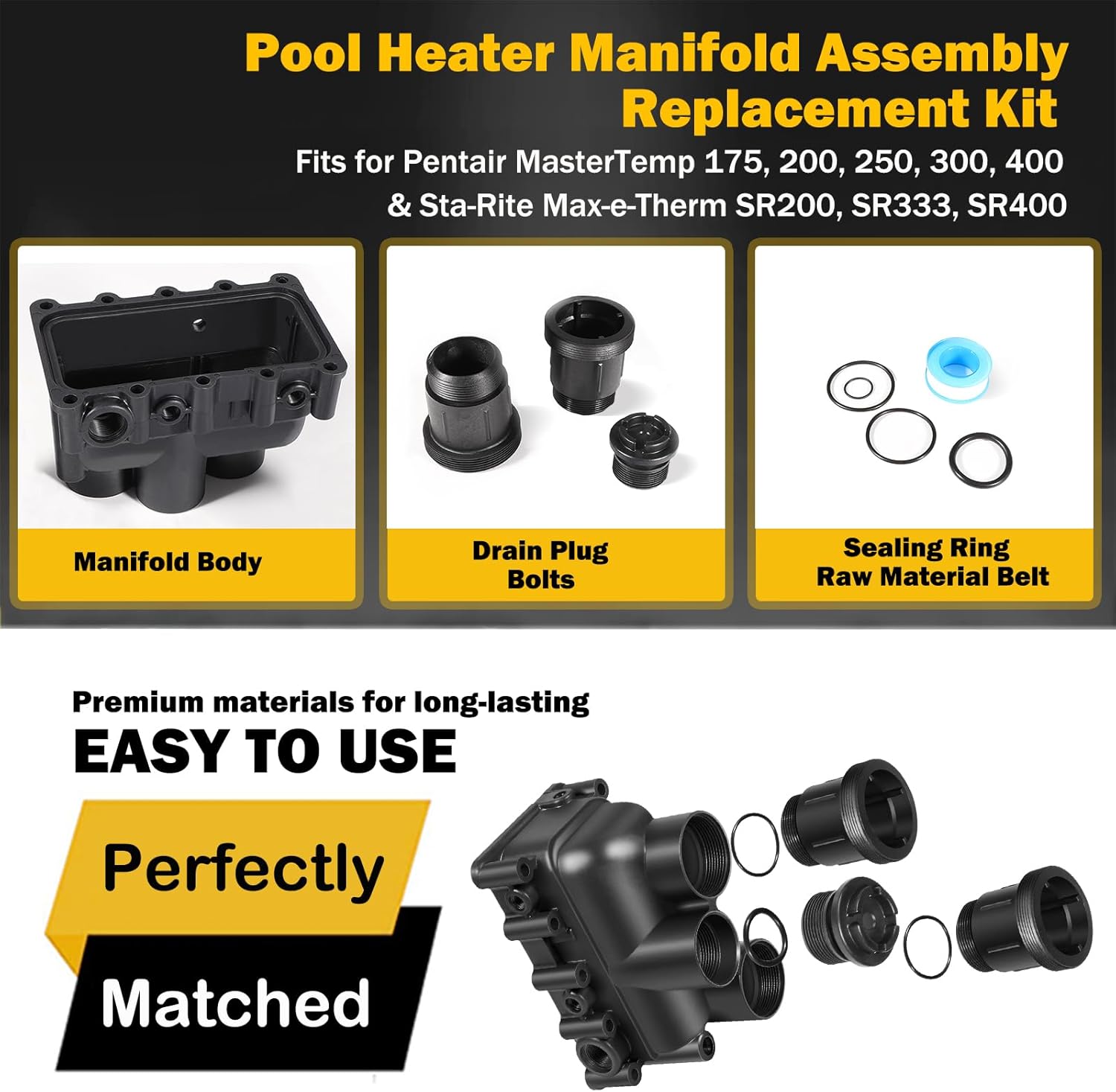 Pool Heater Manifold Assembly Replacement Kit for Pentair MasterTemp 175, 200, 250, 300, 400 & Sta-Rite Max-e-Therm SR200, SR333, SR400, 77707-0205, 77707-0206, 77707-0014, 77707-0015, 77707-0016