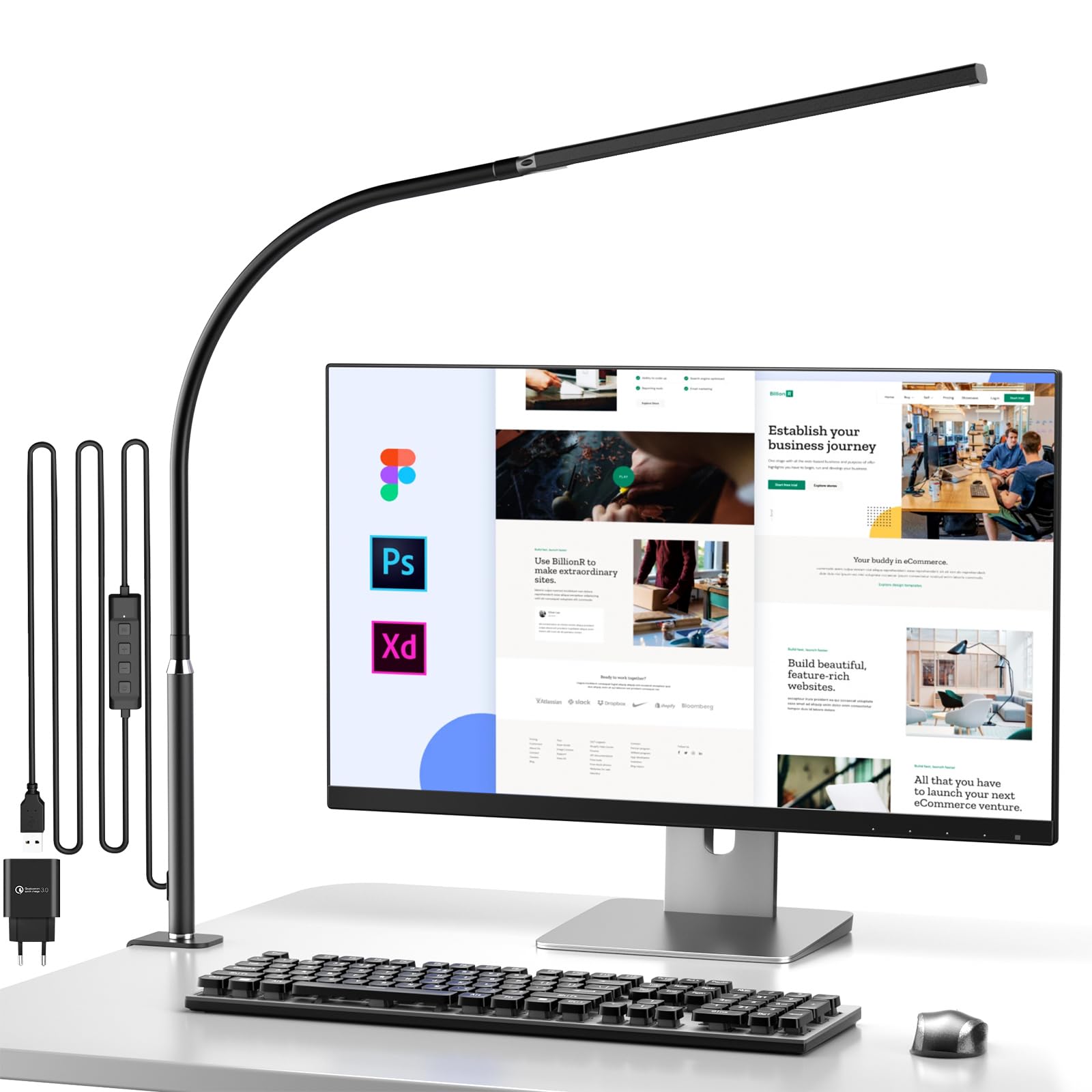LED Schreibtischlampe, Schreibtischleuchte für das Homeoffice, Schwanenhals Klemmleuchte, Bürolampe, 5 Farbmodi & Helligkeit, Klemmlampe, Klemmleuchte zum Zeichnen, Lesen und Studieren, Mattschwarz