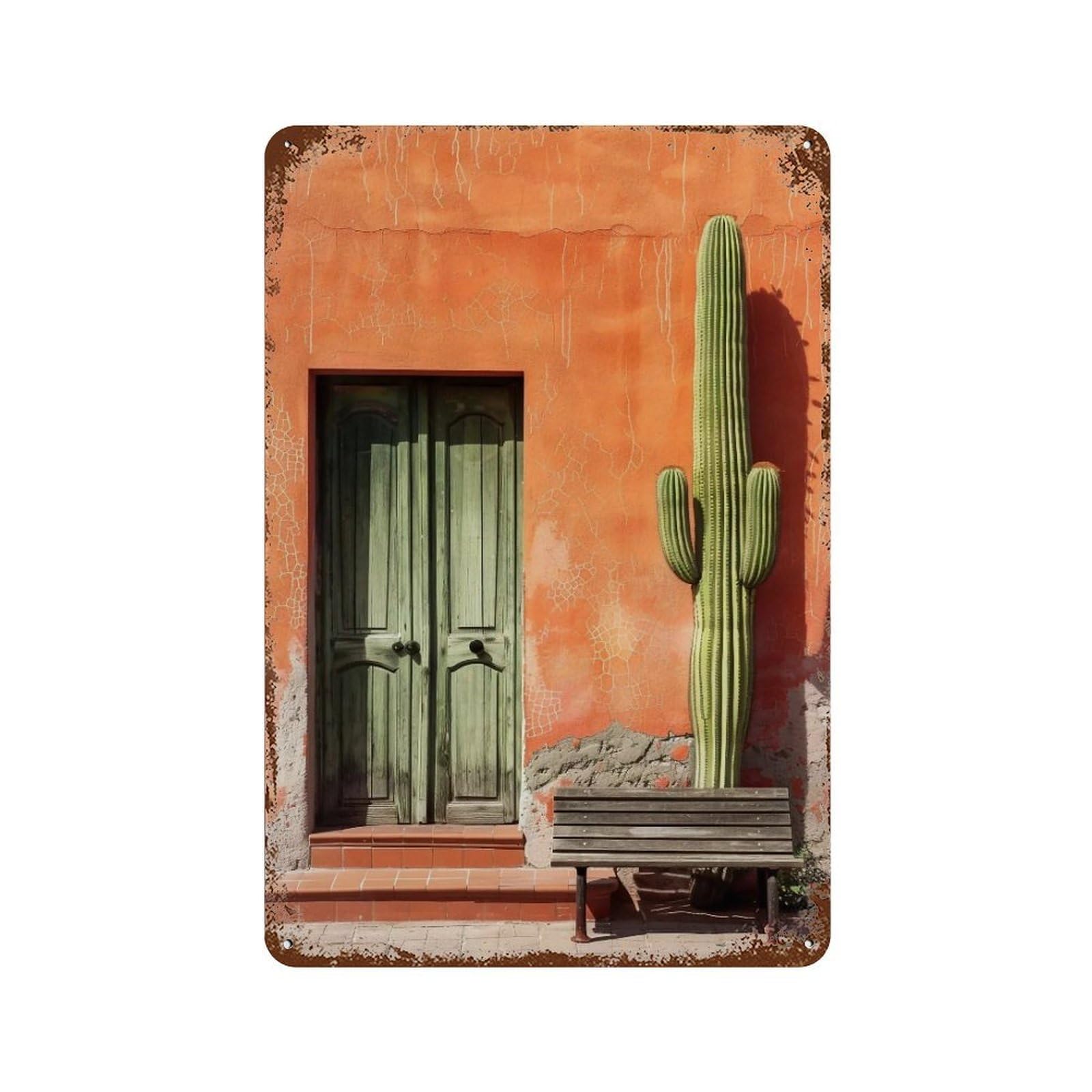 WUJHGRSG Contrast Terracotta Wall Saguaro Courtyard 02 Wall Art Retro Iron Vintage Metal Tin Sign Poster Modern Decor for Home Cofffee Club Bar Shop Style 30x20cm
