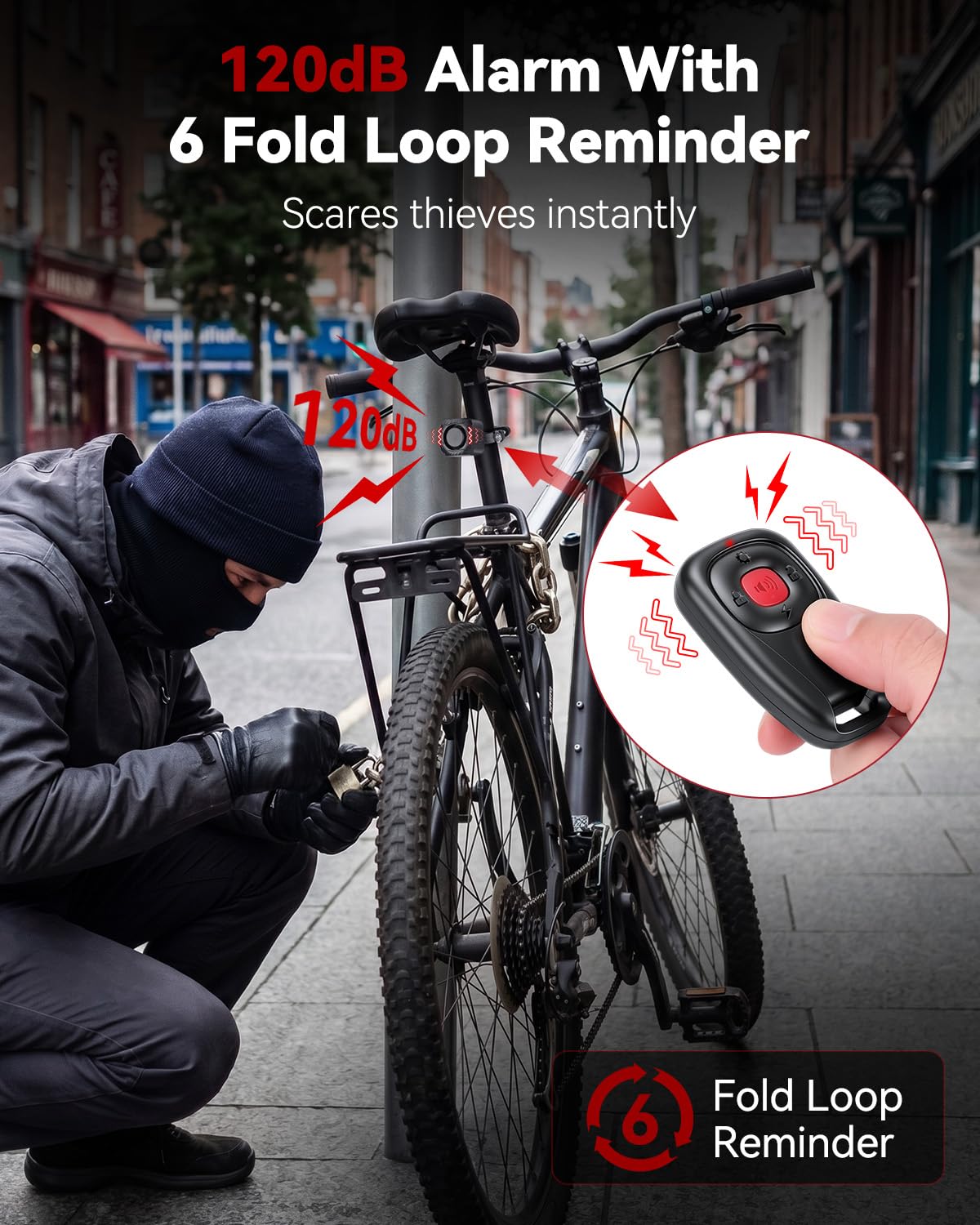 WSDCAM Dual Alert Fahrradalarm 120 dB, USB-C-Aufladung mit Fernbedienung | Zweiwege-Vibrationsalarm, 1148 Fuß Reichweite, IP65 wasserdicht, für E-Bikes, Motorräder, Roller