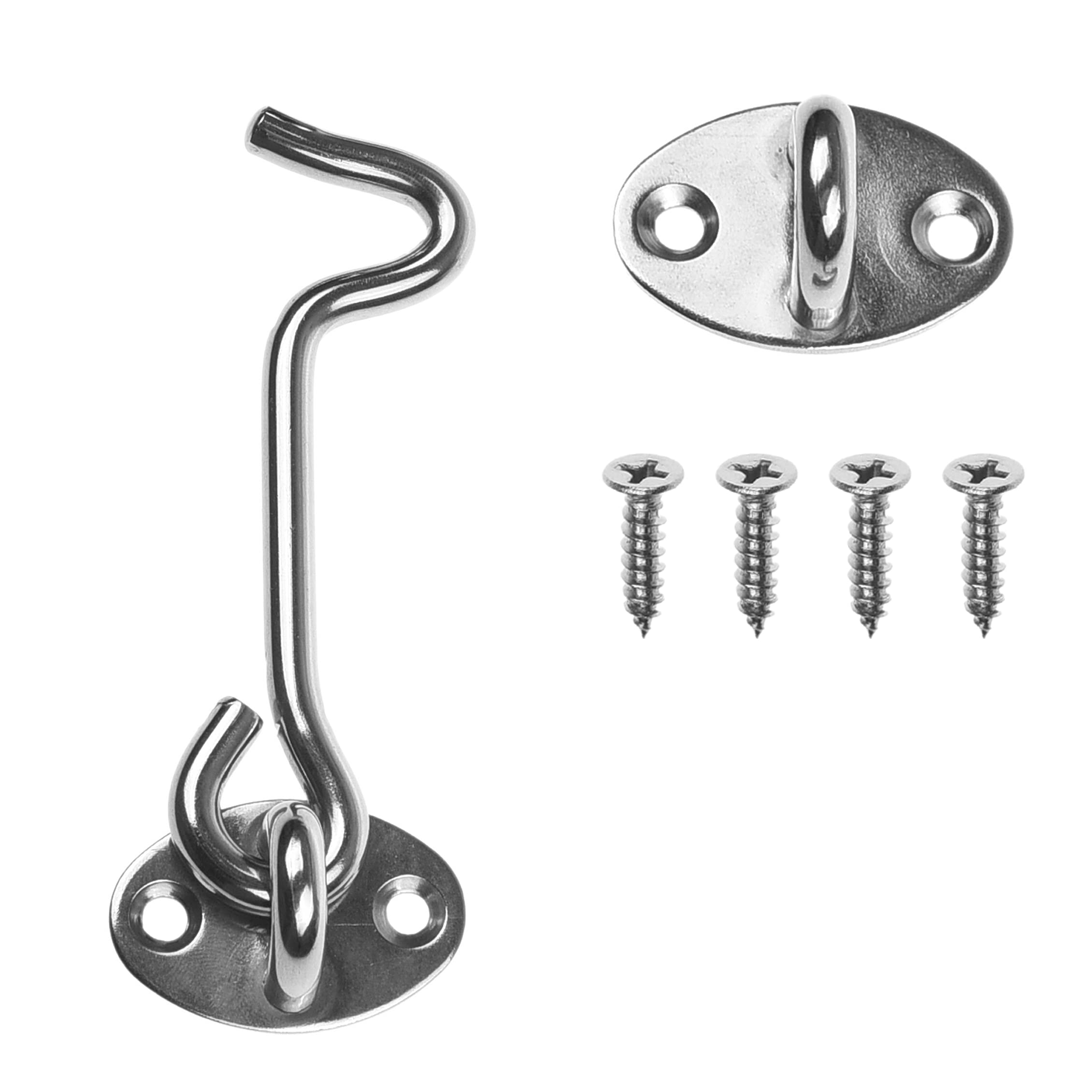 Hook and Eye Latch (4-inch) - with Mounting Screws - Heavy Duty Locks for Door, Gates, Barns, Bathrooms, Cabins (1-Silver)