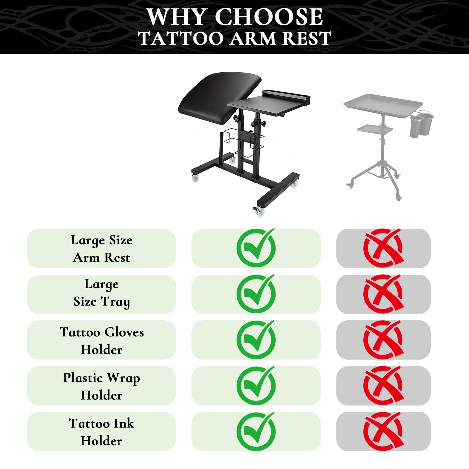 Carro con Ruedas de Tatuajes, Accesorio para Suministros de Salón | Altura Regulable con Plataforma Blanda, Bandeja para Herramientas para Estudios de Artistas y Salones de Belleza, Negro