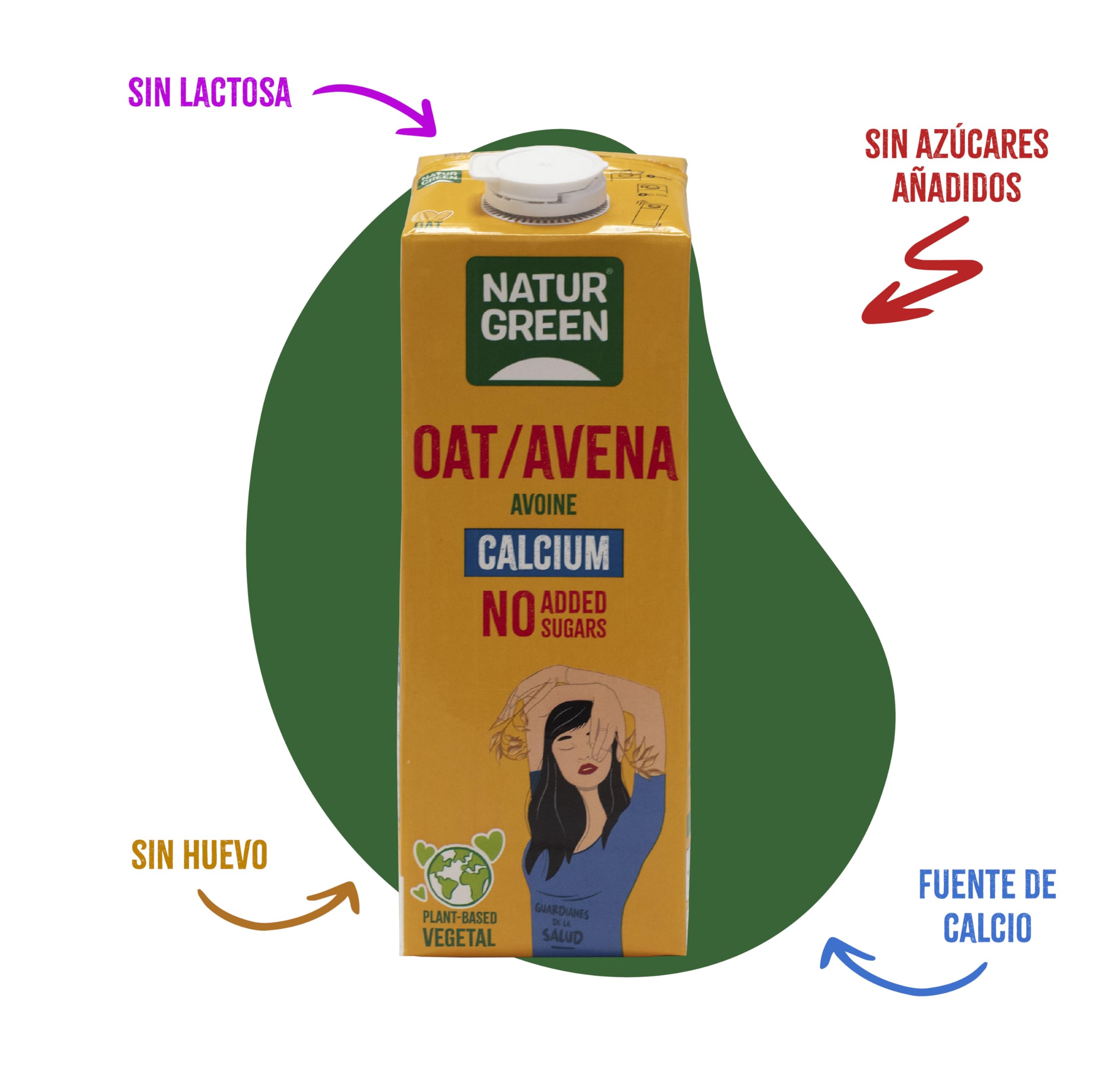NaturGreen - Oat/Avena Calcium Sin Azúcar Añadido, Bebida Vegetal de Avena sin Azúcares Añadidos y con Calcio, 100% Vegano, Sin Soja, Sin Gluten, Sin Lactosa, Sin Frutos Secos - 1L