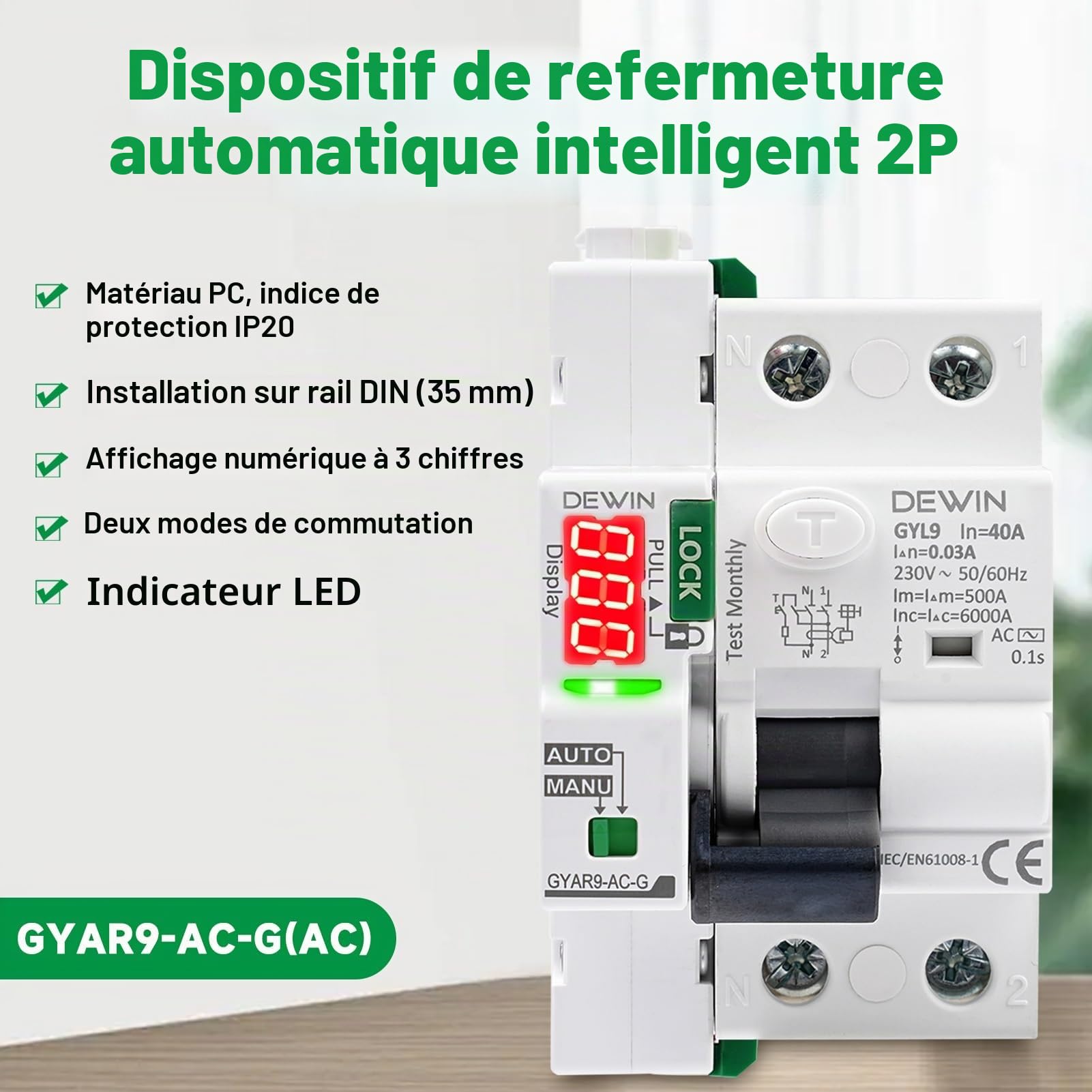 DEWIN Disjoncteur Réarmement Automatique, Disjoncteur à Rearmement Automatique 2P 40A 30mA 230V RCCB Différentiel Réarmement Automatique Type AC avec affichage LED et témoin lumineux