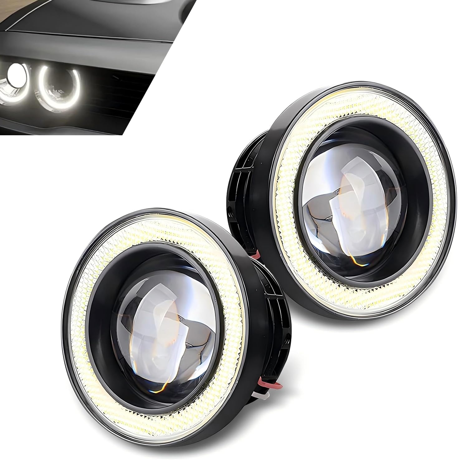 2 PCS Fog Lights LED, 3 Inch Angel Eye Halo LED Fog Light with COB Chip, Super Bright White Driving Light Kit, Universal for Most Cars, Trucks, SUVs (White)