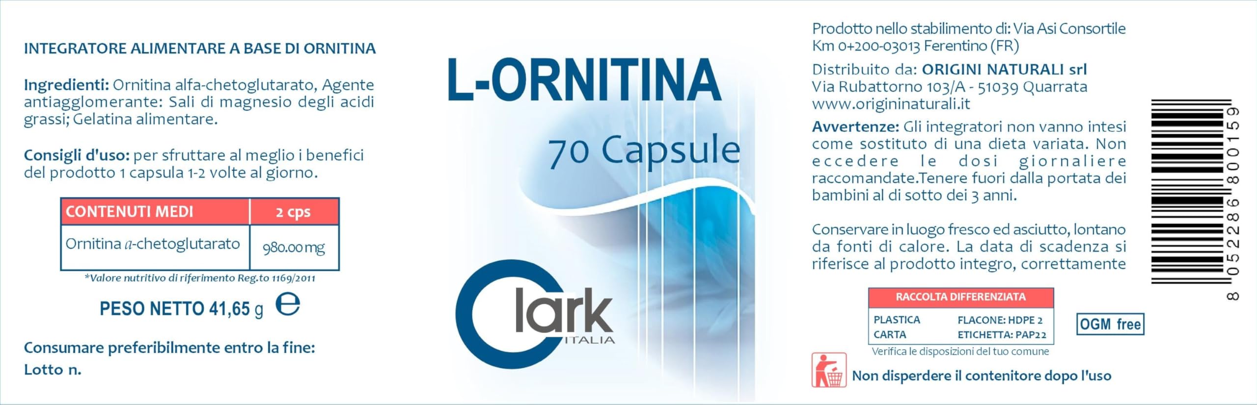 L ORNITINA Integratore Alimentare a base di Ornitina flacone da 70 capsule da 595 mg