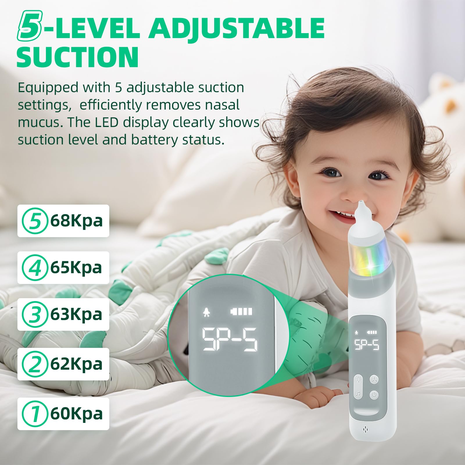Aspirateur nasal pour nouveau-nés – Aspirateur nasal pour bébés et jeunes enfants avec 5 niveaux d'aspiration réglables et 3 embouts en silicone, fonction musicale et lumières LED - 3
