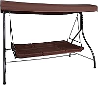 Vista 9 de BizChair Hamaca de toldo de columpio de patio de conversión de acero al aire libre de 3 asientos con cojines/cama de columpio al aire libre (marrón)