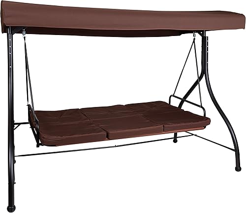 Miniatura 9 de BizChair Hamaca de toldo de columpio de patio de conversión de acero al aire libre de 3 asientos con cojinescama de columpio al aire libre (marrón)