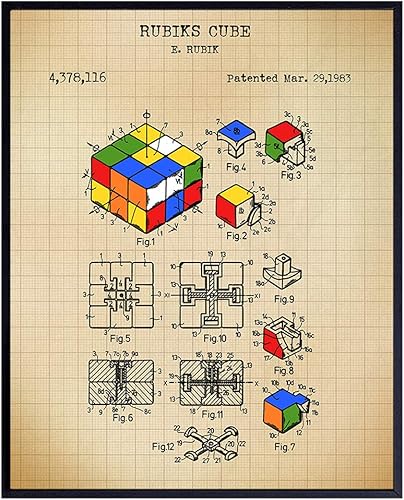 Original Rubiks Cube Puzzle Patent Art Print - Vintage Wall Art Poster - Home Decor for Kid, Teens Room, Family or Game Room, Den, Office - Gift for