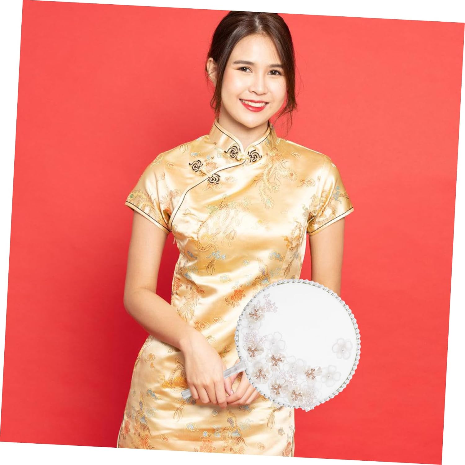 Zerodeko Embroidery Circular Fan Summer Floral Handheld Paddle Fan with Pearl Flower Decoration Lightweight Portable for Weddings Summer Days Chinese Style Round Hand