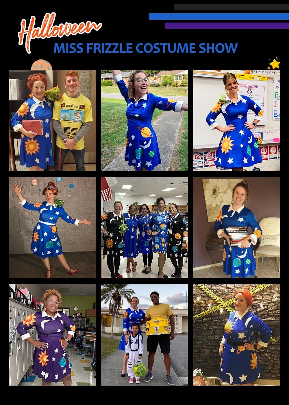 Womens Halloween Costume Cute Miss Frizzle Dress Peter Pan Collar Space Planet Dresses - Image 3