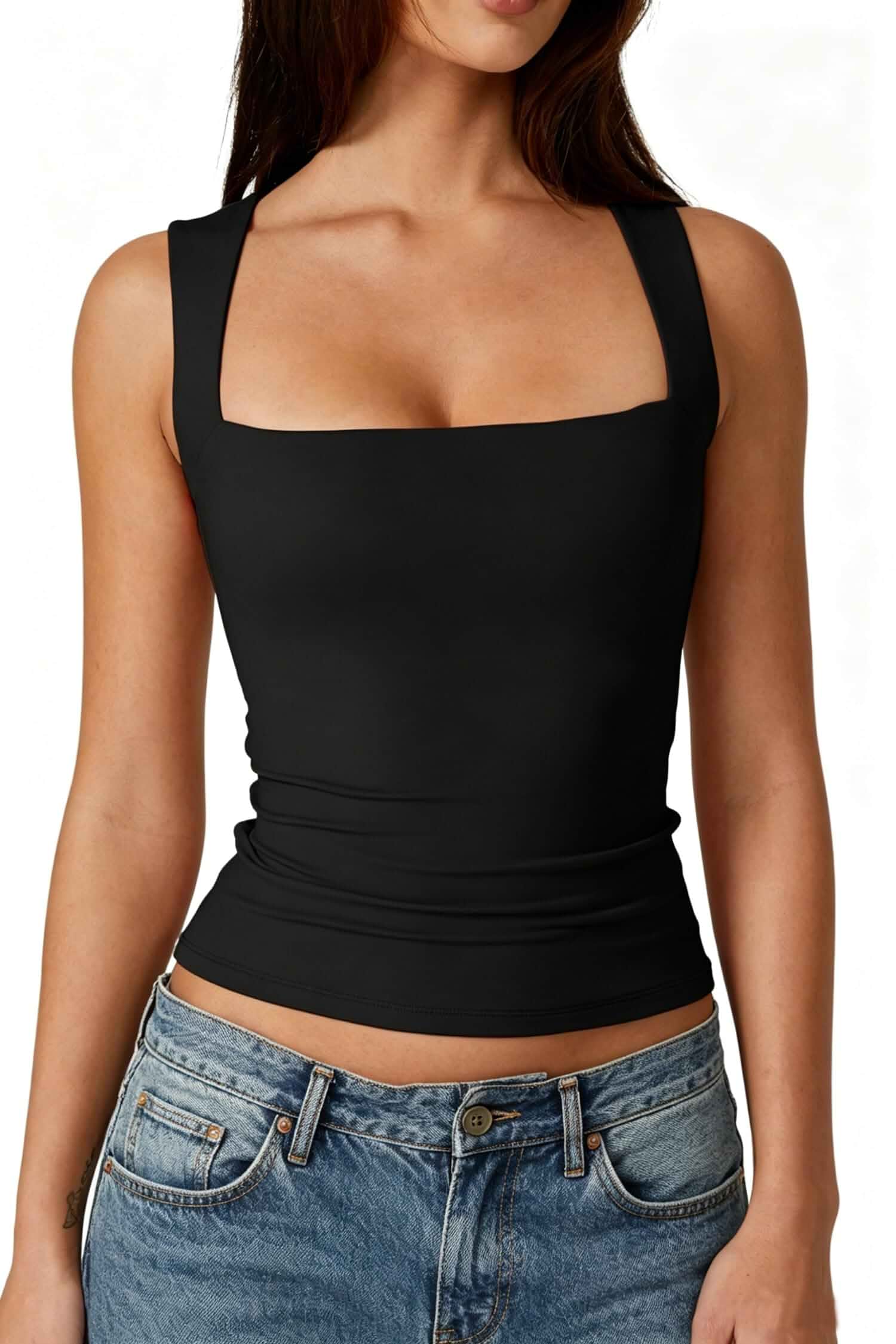 QINSEN Women's Square Neck Sleeveless Double-Layer Tank Tops Basic Tight T Shirts Sleeveless