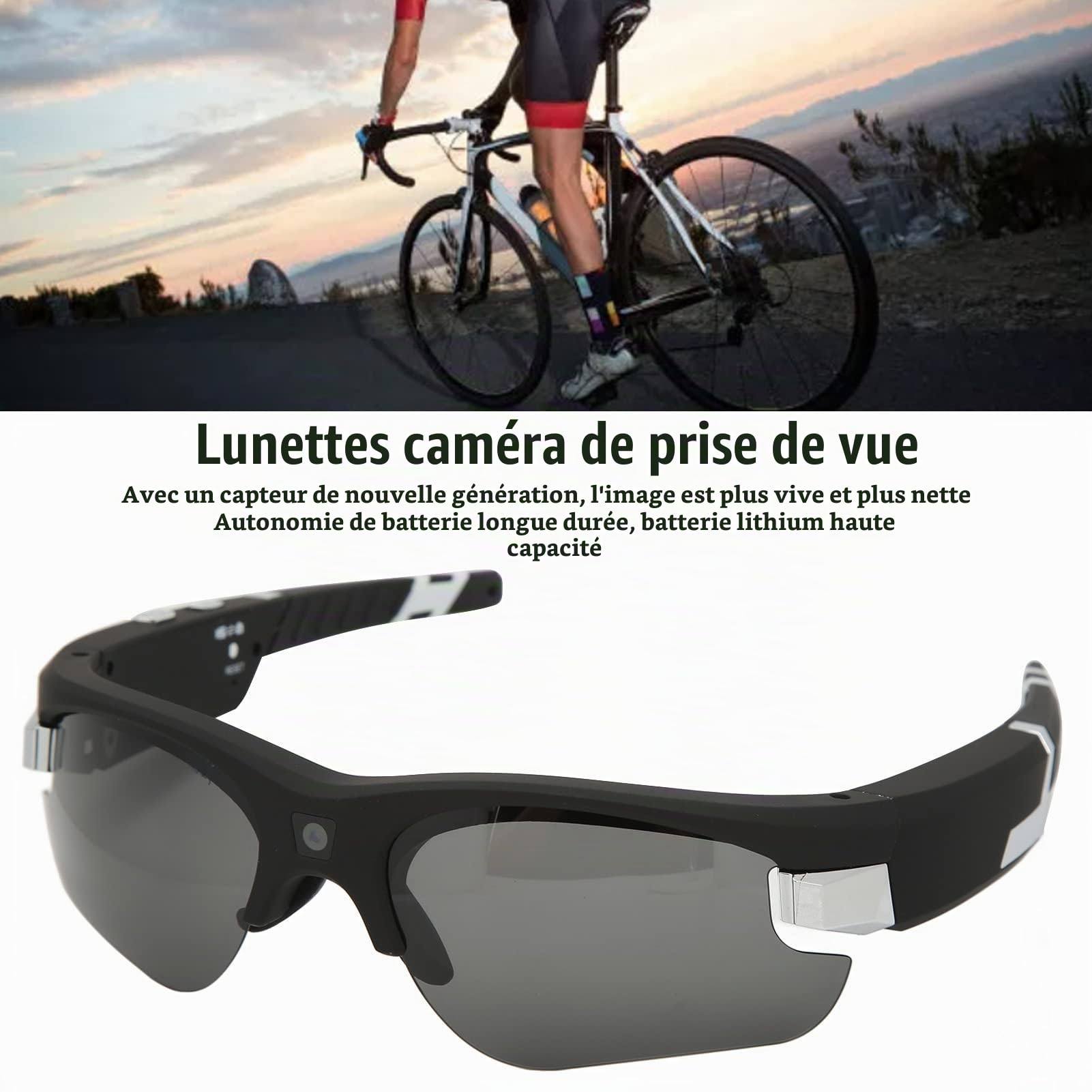 ciciglow Lunettes de Vidéo HD 1080p Lunettes de Caméra d'action Lunettes Intelligentes Caméra de Prise de Vue 2 Heures D'autonomie en Veille avec Pieds Pliables pour la Conduite, Le