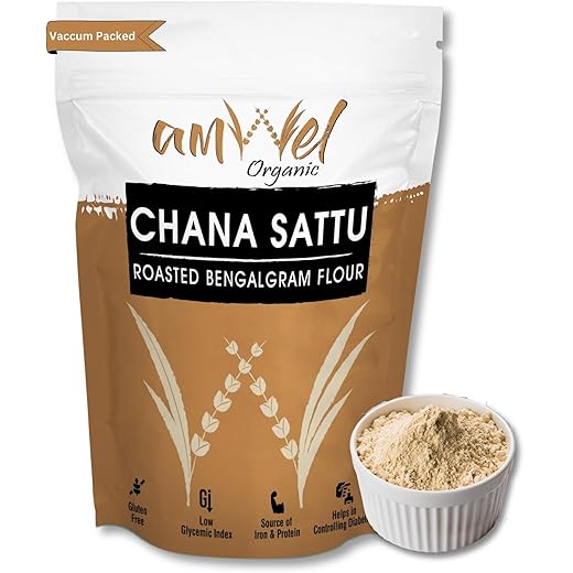 Amwel Organic Chana Sattu 450g - Roasted Bengal Gram Flour - ??? ????? | Gluten Free Low GI Diabetic Friendly for Weight Loss and Sugar Control | High Protein Diet Food (Vacuum Packed)