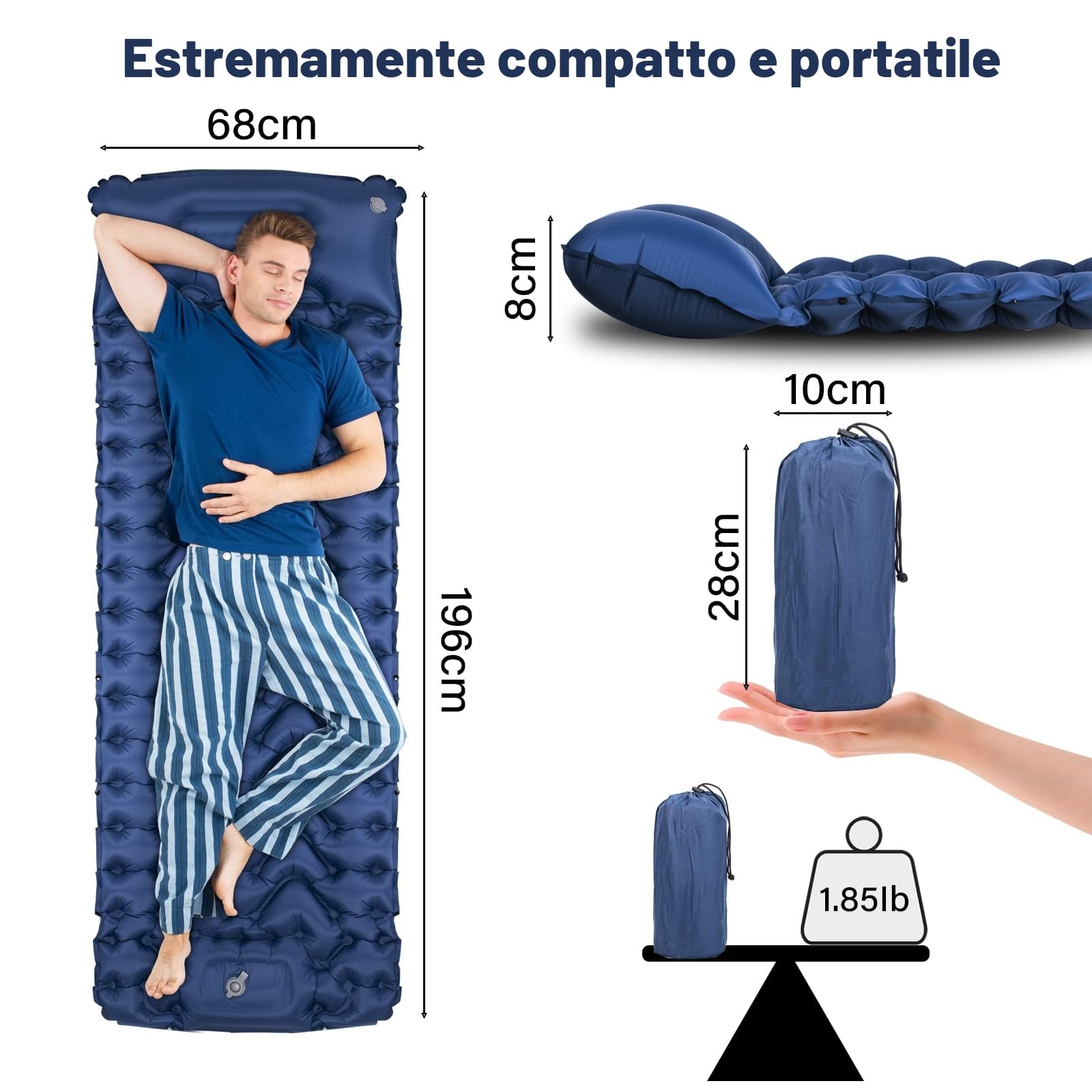 Materassino Campeggio Autogonfiante, Addensato Materassino Gonfiabile Singolo con Cuscino, Ultraleggero Materassino Trekking, Materasso Lettino da Campeggio per Esterno Viaggio Alpinismo