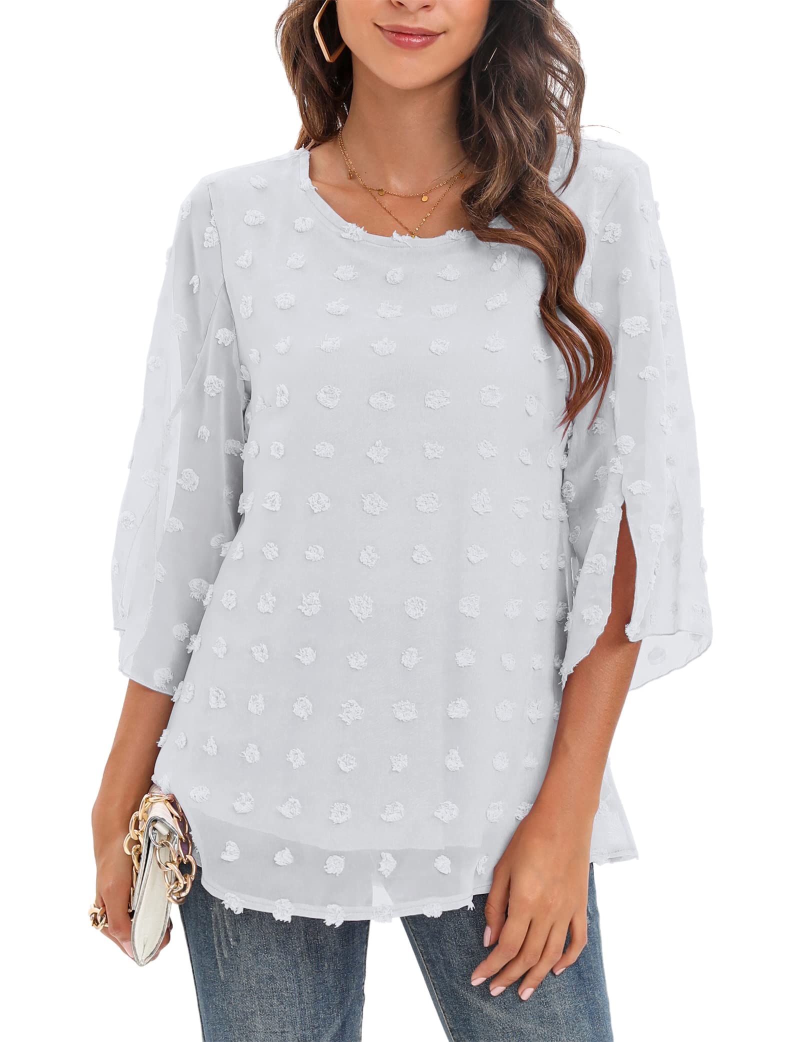 Womens Half Sleeve Layered Flowy Chiffon Blouses Round Neck Shirts Tops