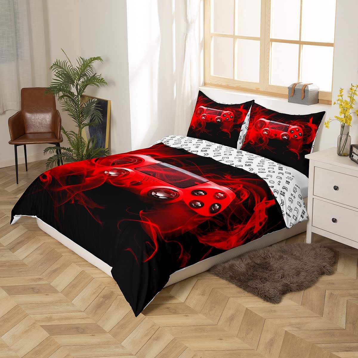 Kids Modern Gamer Bedding Set Single Size For Boys Girls Youth Game Controller Duvet Cover Teens Gamepad Comforter Cover Gaming Console Room Decor Cool Red Black Geometry With 1Pillow Case Zipper - Image 2