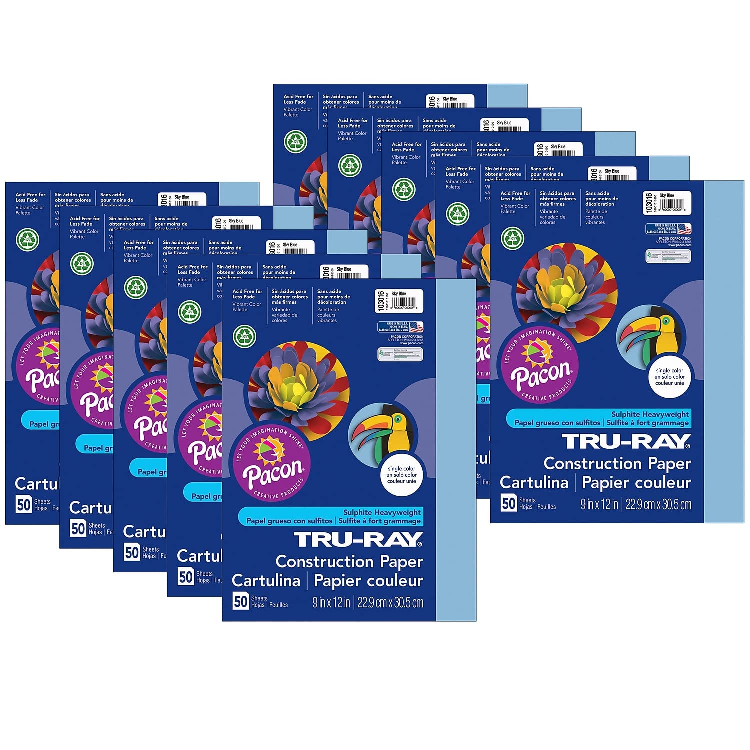 Tru-Ray(r) Construction Paper, Sky Blue, 9" x 12", 50 Sheets Per Pack, 10 Packs