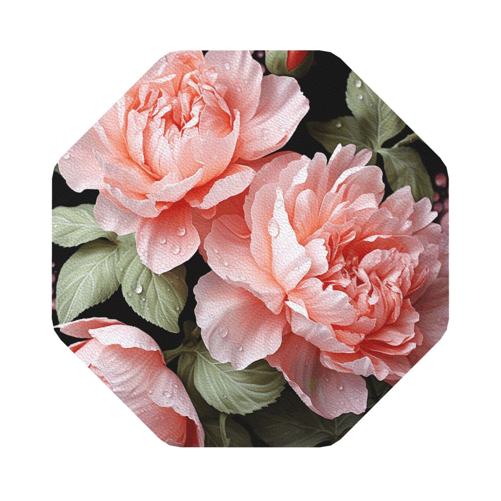 Fodpand Octagon Peony Flowers Rose Drink Coasters Set Of 4, Heat Resistant Leather Coasters Fuuny Bar Beer Beverage Coaster For Drinks, Absorbent Cup Mat For Tabletop Protection, Housewarming Gift