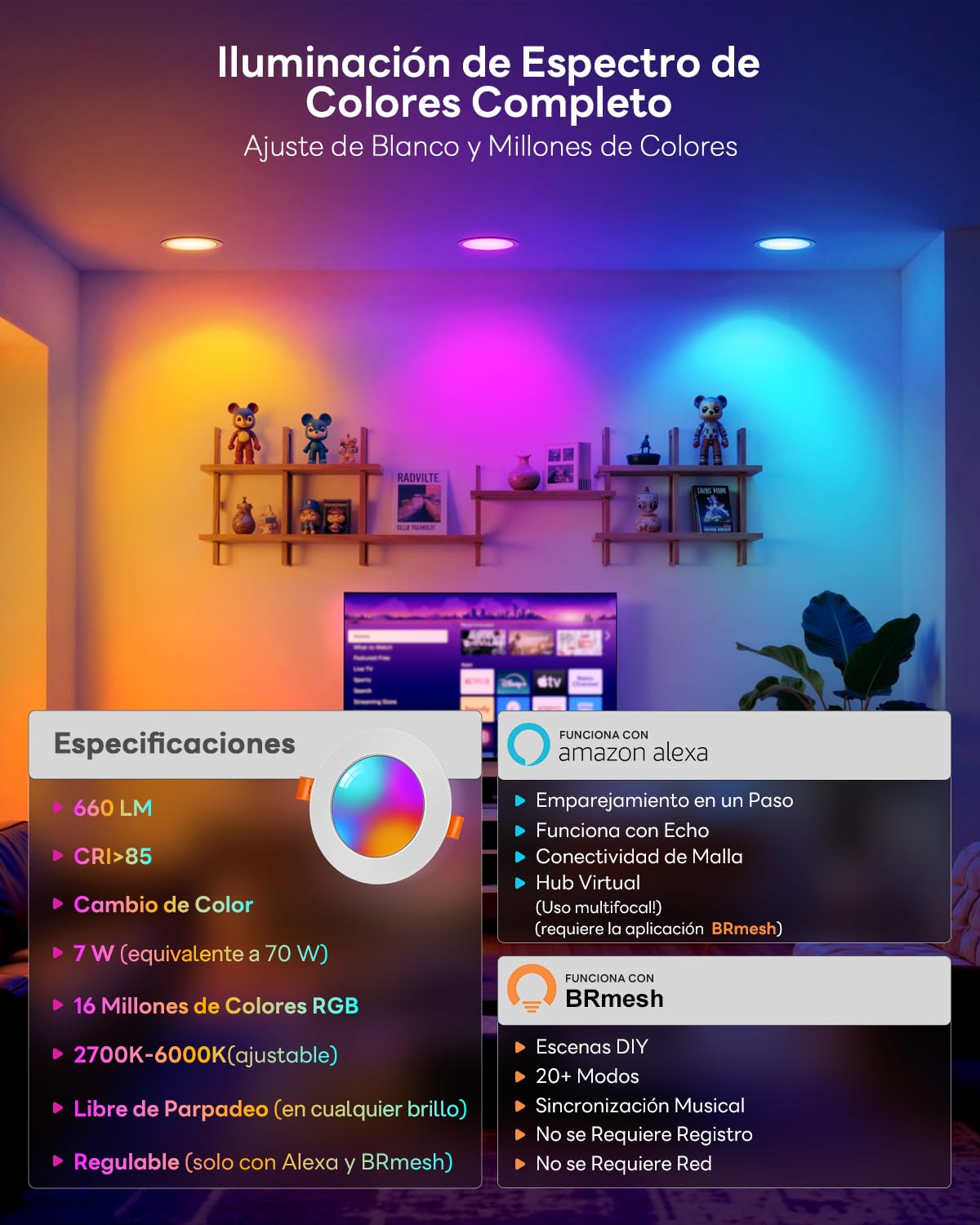 Downlight LED Techo Empotrable Alexa, 7W RGB Blanco Frío a Cálido 2700K-6000K Ojos de Buey Led para Techo, Smart Foco Empotrable Bluetooth, Control Inteligente con Aplicación, Pack de 6