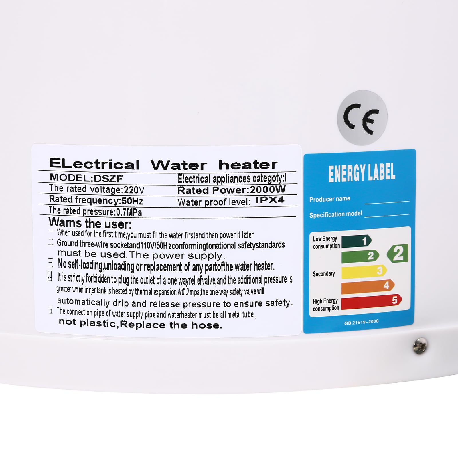Chauffe-eau 30 l 2000 W Réservoir acier émaillé Protection fuites Douchette Robinet