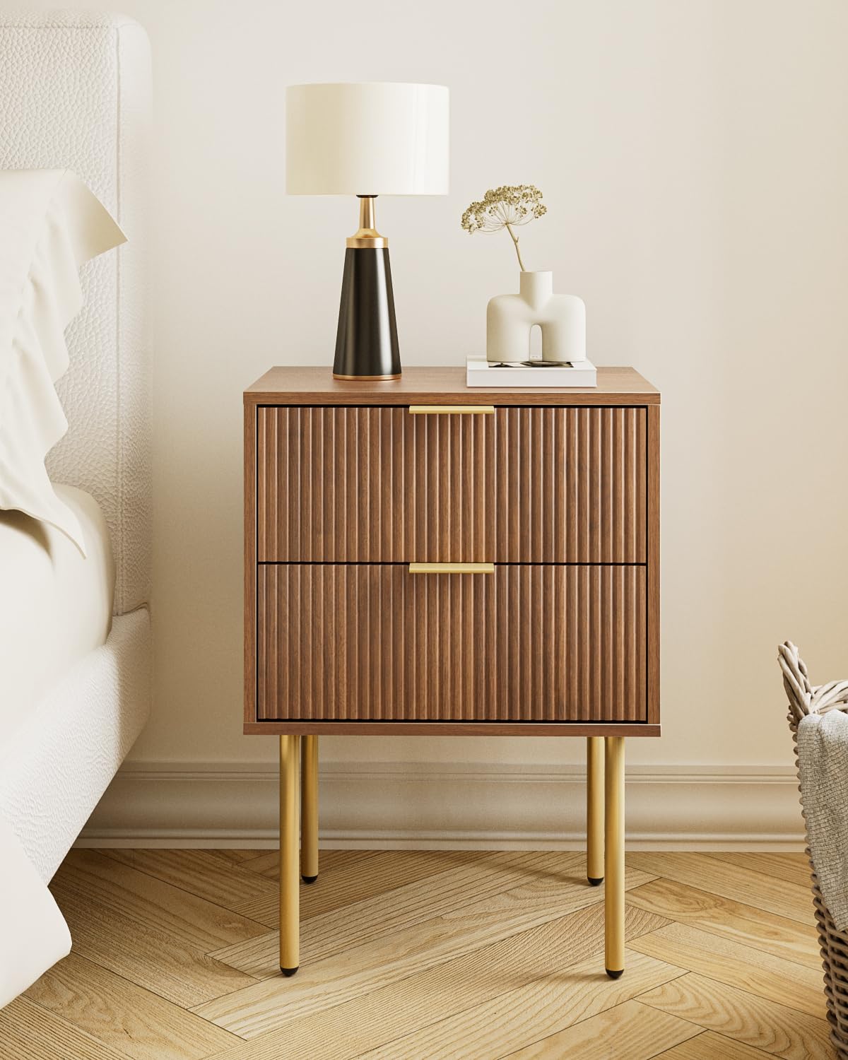 HEYZOEY Nachttisch, Nachtschrank mit 2 Schubladen, Modern Nachtkästchen, Boho Nachtkommode für Schlafzimmer, Wohnzimmer,Nussbaum