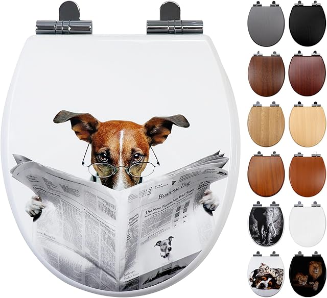 Fanmitrk Wooden Toilet Seat, Soft Close Toilet Seat with Adjustable Zinc Alloy Hinge, 18mm Thickened Wood Toilet Seat with Dog Pattern (MF-MDF2001)