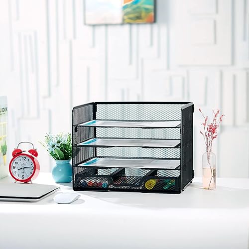 Miniatura 3 de SETTFRFE Bandeja de papel de malla de 4 niveles, organizador de archivos de escritorio con un cajón deslizante, organizador de escritorio de