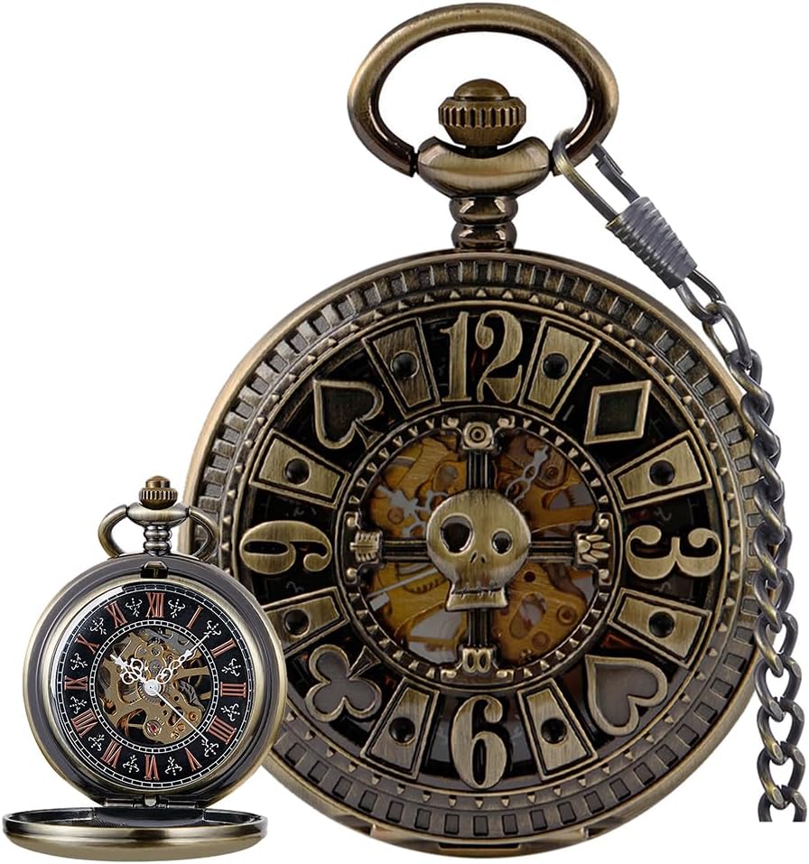 Men's Mechanical Holoow Design Hand Wind Pocket Watch Roman Numerals Steampunk with Chain Box