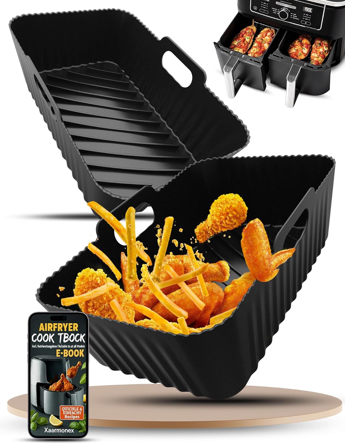 Silicone Air Fryer Liners 2 Pack for Ninja Dual Zone AF400UK AF451UK AF300UK 8–9.5L Foodi MAX, Compatible with Tower T17088, Keplin, EMtronics Reusable Non-Stick Dishwasher Safe Accessories