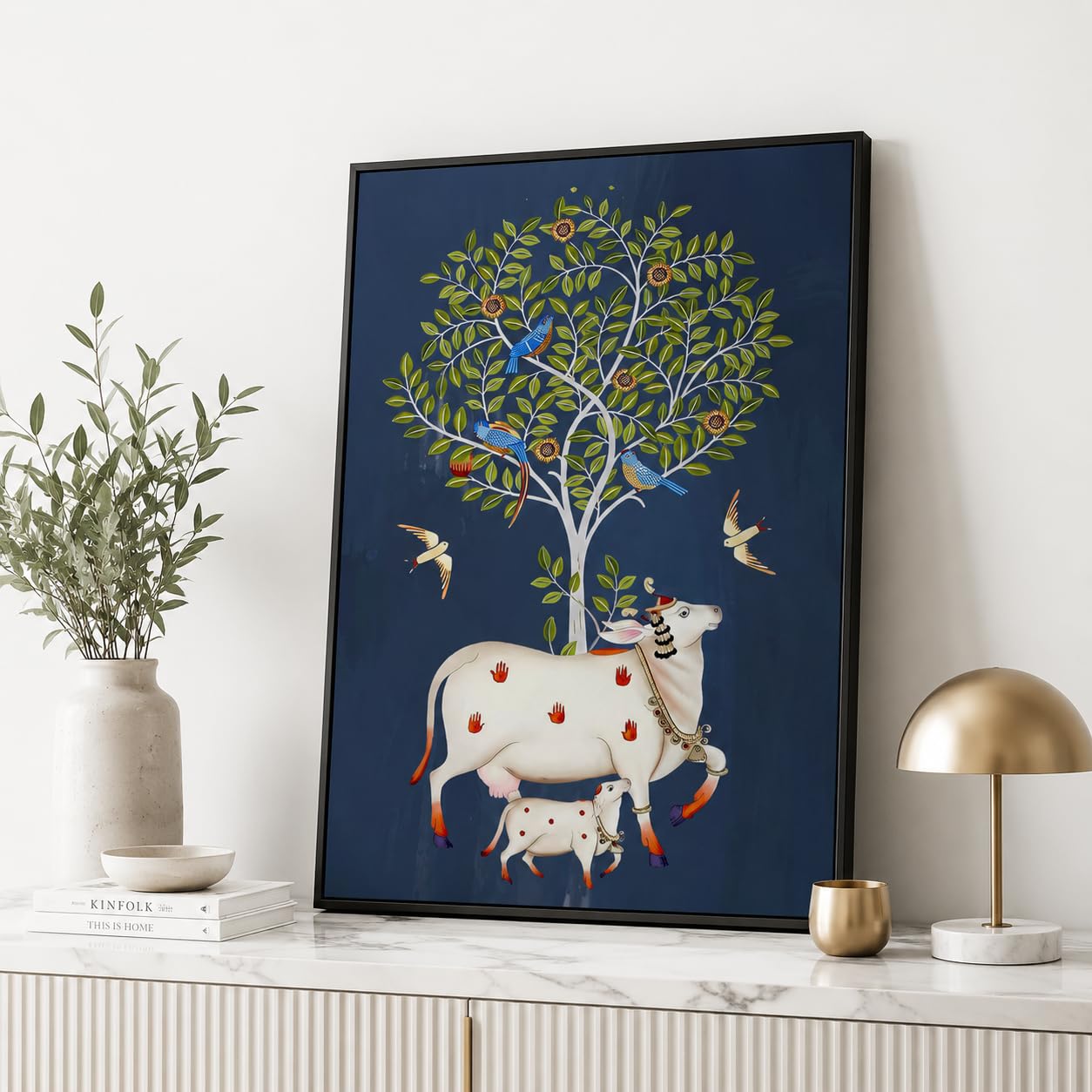 Artsense Kamdhenu Cow Canvas Wall Painting Traditional Indian Pichwai Tree of Life Artwork Spiritual Heritage Canvas Art for Living Room Bedroom Temple Office Home Decor Ready to Hang (ART-2)-image-25
