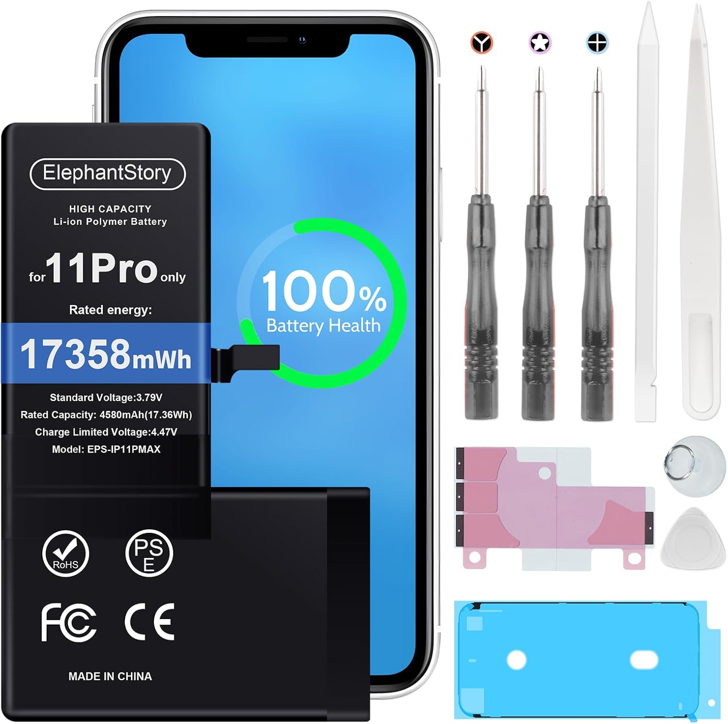 ElephantStory Replacement Battery for iPhone 11 Pro: High Capacity 0 Cycle Li-ion Polymer Battery for iPhone 11 Pro with Repair Tool Kit - Compatible with Model A2160 A2215 A2217