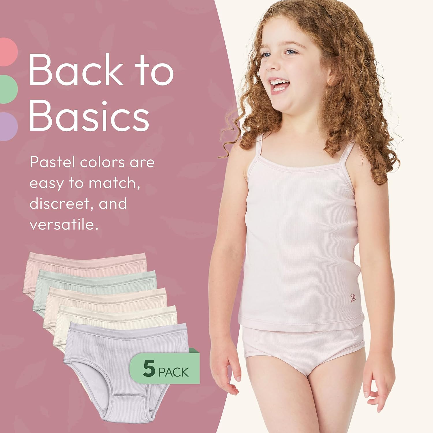 Feathers Girls Pastel Ribbed Cotton Briefs Panties 5 Pack, Sizes 2-16