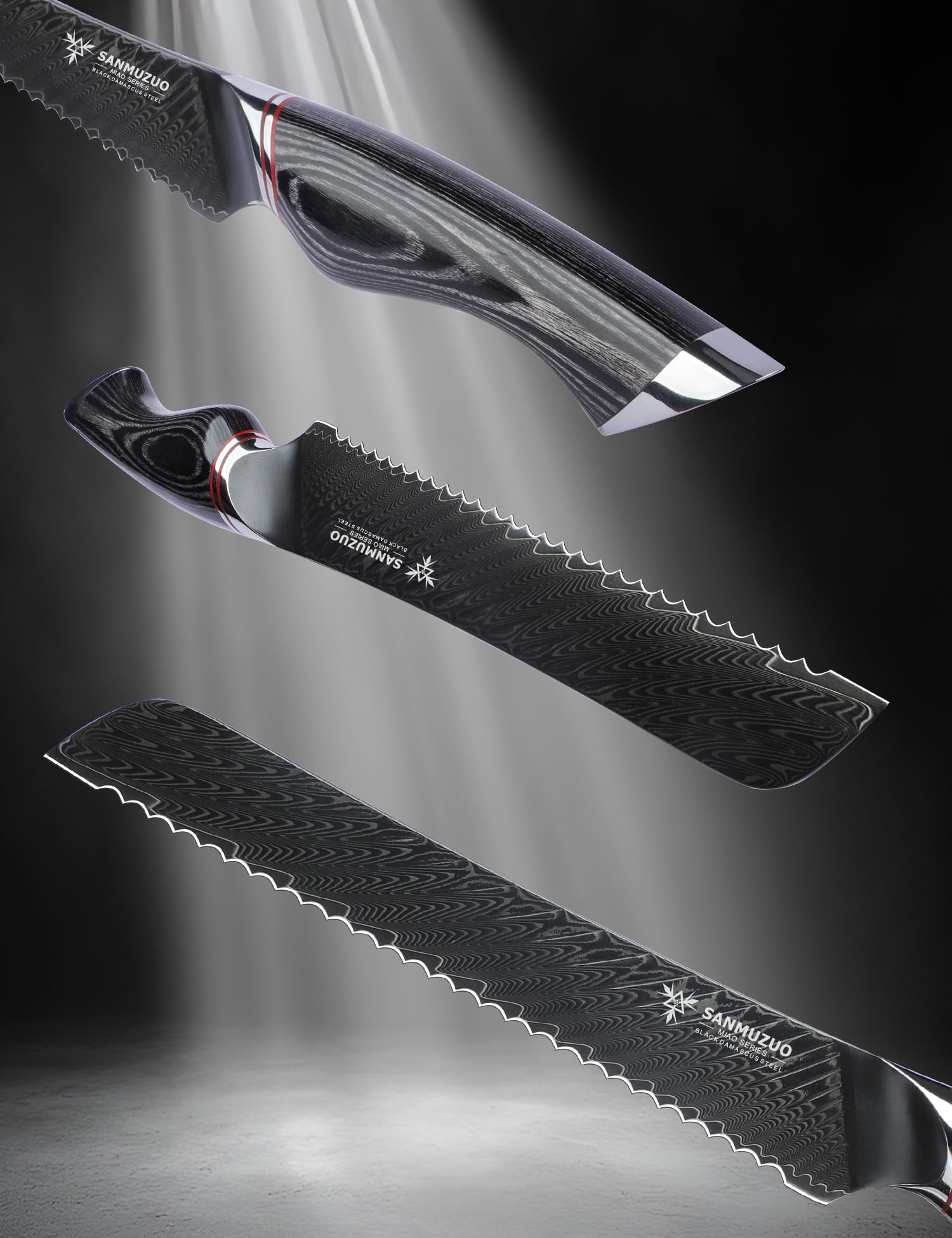 Couteau à pain 20 cm - Lame dentelée - Acier Damas noir avec manche ergonomique - Série MIAO