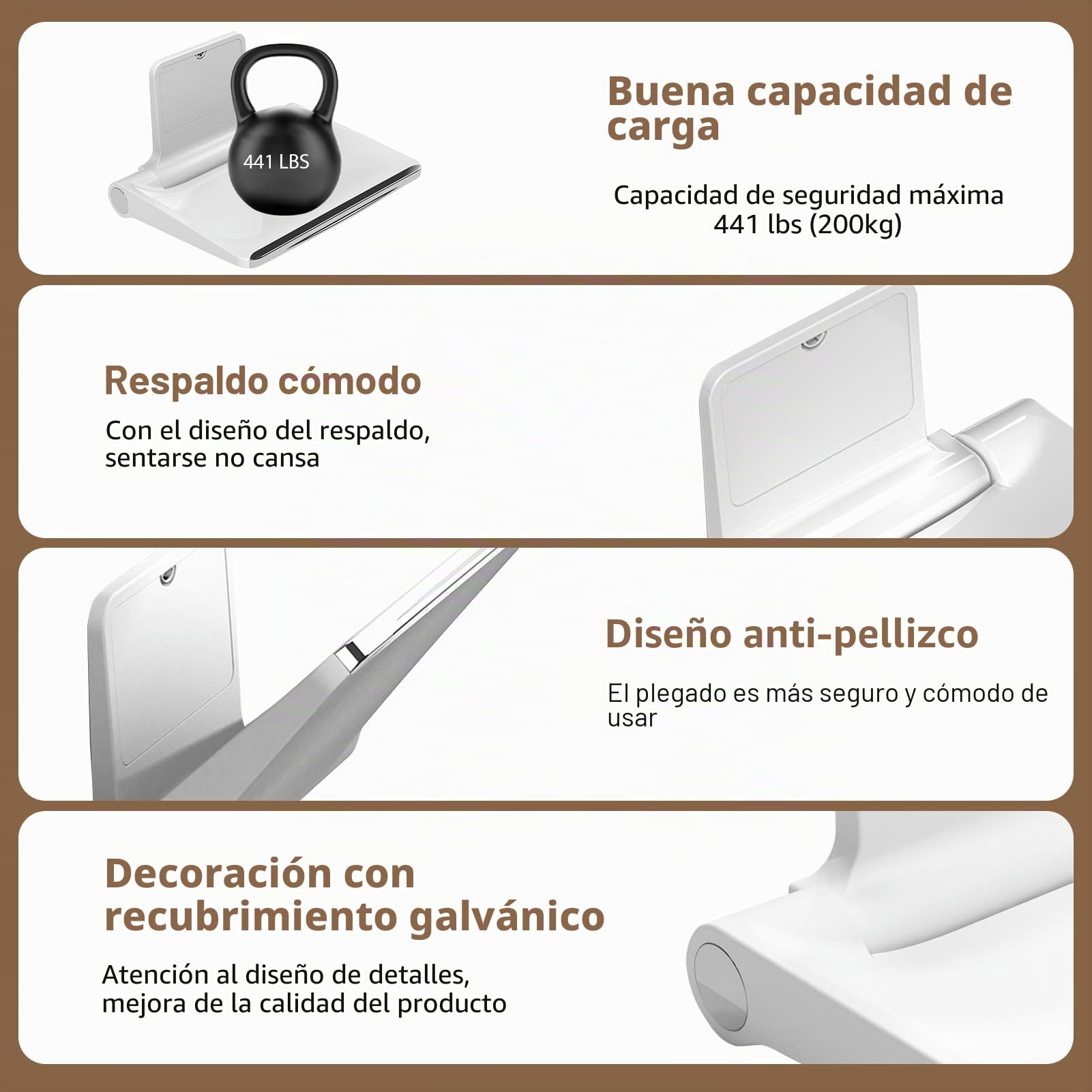 Asiento de Ducha Abatible Grueso con Respaldo de Pared - 200kg Capacidad Antideslizante, Silla Plegable para Personas Mayores, Blanco