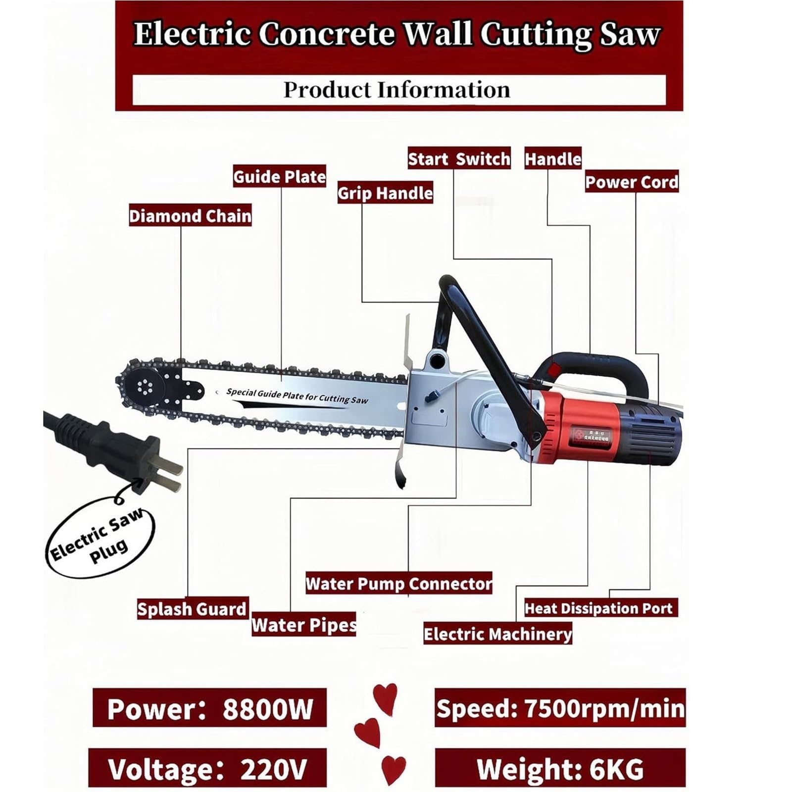 Tagliamuri Elettrico Industriale 7800w/8800w, Sega per Cemento con Catena Diamantata,profondità di Taglio 350mm/480mm,con 2 Catene Diamantate E 2 Barre di Guida(CuttingDepth35cm)
