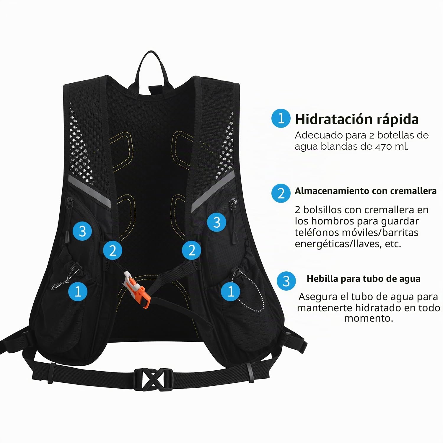 Mochila de hidratación con bolsa de hidratación de 2 L y botella de 470 ml, mochila de agua, mochila grande para chaleco para correr, para hombre y mujer, senderismo, ciclismo (solo con bolsa