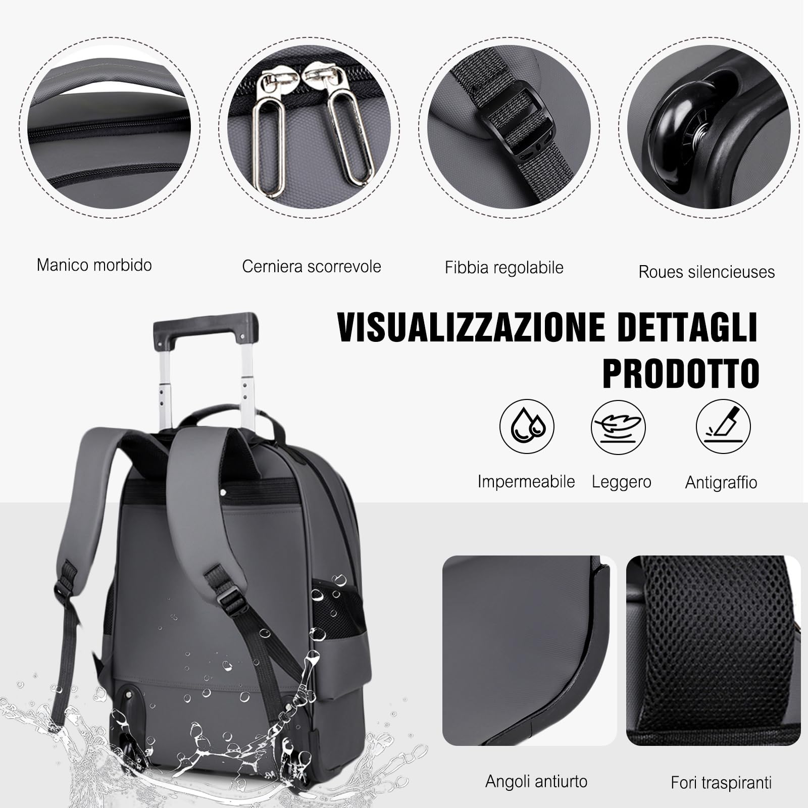 FANDARE Zaino Trolley per PC Portatile da 15.6 pollici Borsa per Insegnante con Ruote Uomo Rolling Rucksack Zainetto Pellicola in PU Zaini Borse da ufficio giorno Bagaglio a Mano Viaggio Affari