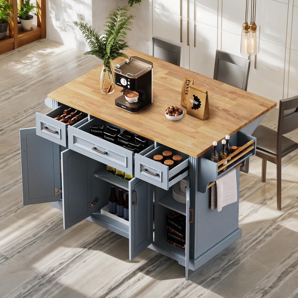 eodme 54" Large Rolling Storage Kitchen Island with Rubber Wood Drop Leaf,Embossed Texture Central Island with 4 Doors Cabinet,3 Drawers for Breakfast