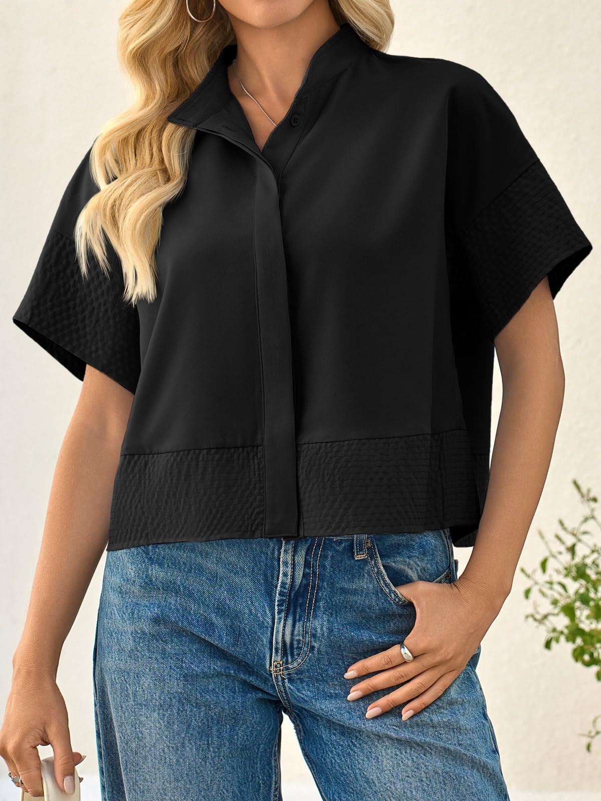 Cicy Bell Blusa de Manga Corta para Mujer, Plisada, Elegante, Informal, Cuello Alto, Holgada