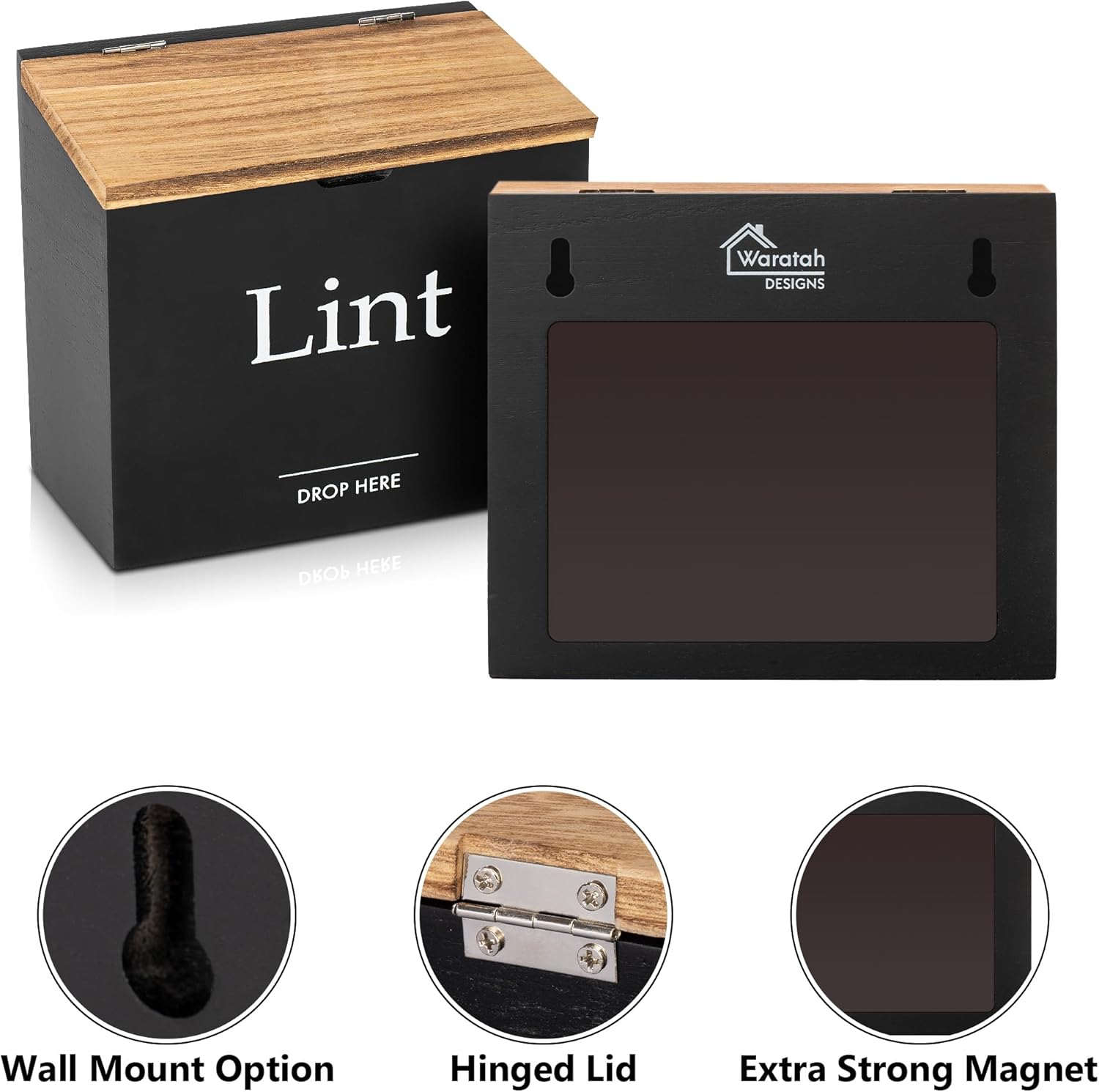 Magnetic Lint Bin for Laundry Room - Compact Size, Wooden Dryer Lint Holder with Lid - Rustic Lint Box, Magnetic Bin - Modern Farmhouse Laundry Room Decor, Black with Torched Lid