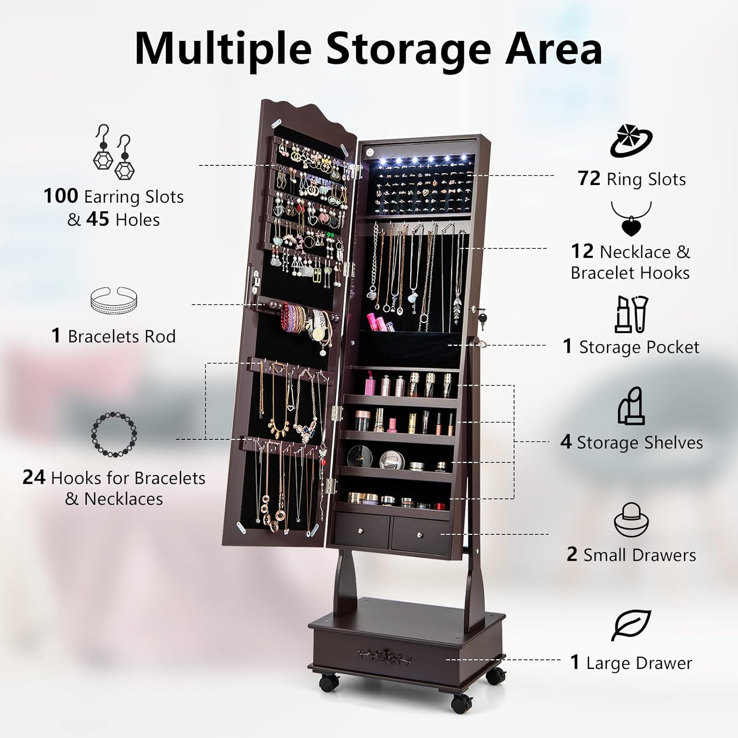 Diagram illustrating the multiple storage areas within the jewelry armoire, detailing counts for earring slots, ring slots, necklace hooks, shelves, and drawers.