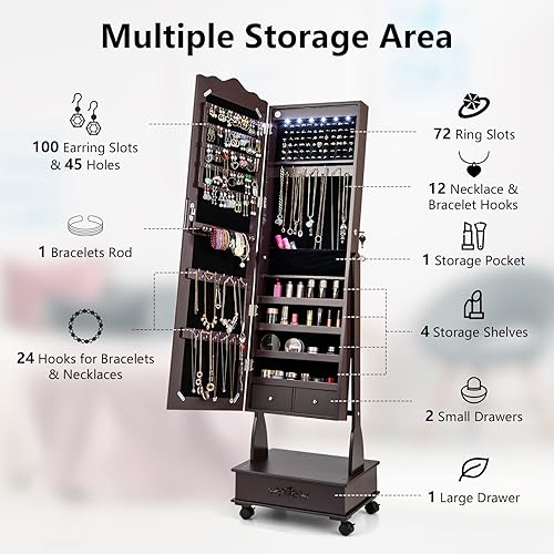Miniatura 3 de COSTWAY Armario de joyería de 6 LED con ruedas organizador de almacenamiento de joyas con cerradura con espejo de longitud completa y 3 ángulos