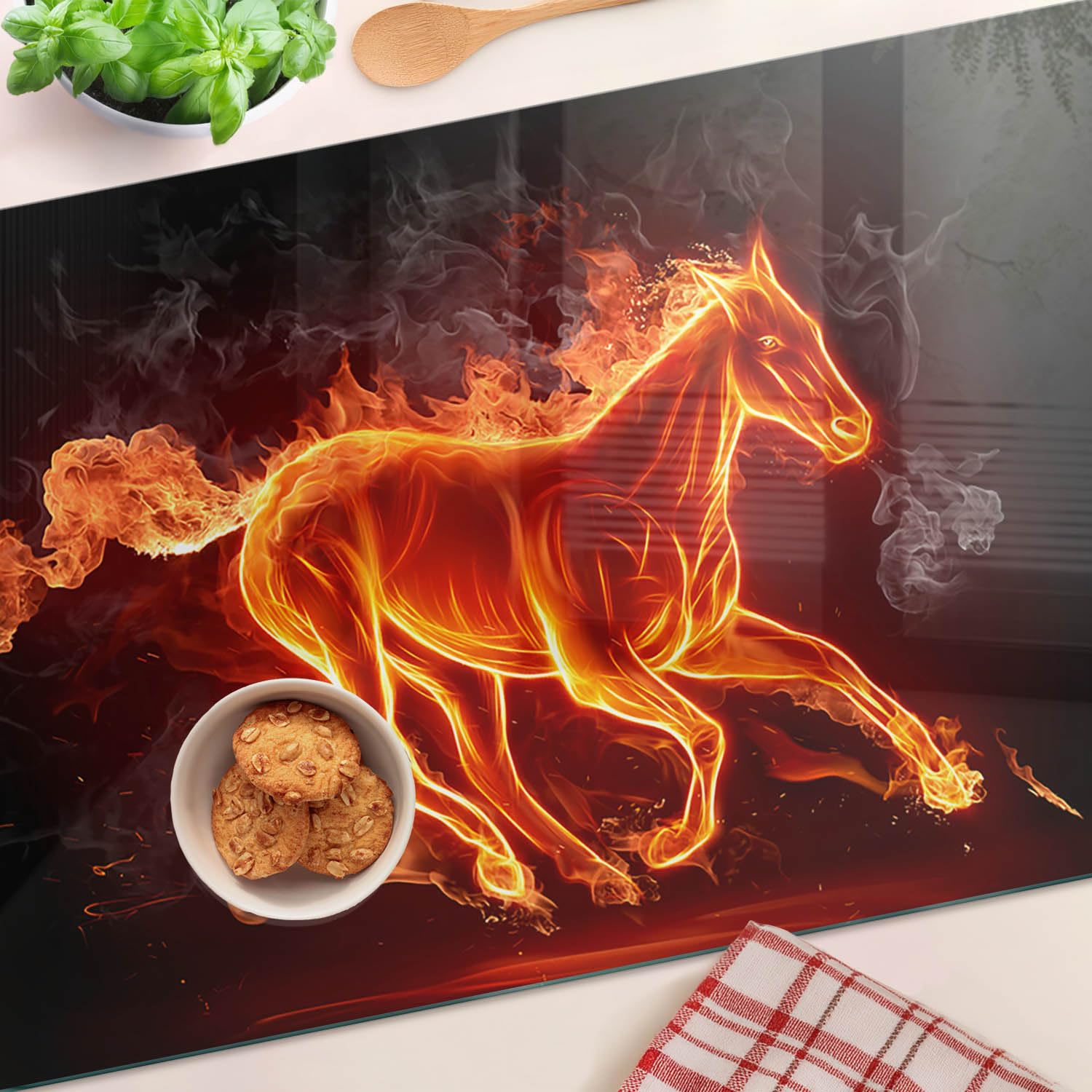 Tagliere in Vetro Temperato 80x52 cm Antigraffio con Piedini Antiscivolo Rettangolare Resistente al Calore Facile da Pulire da Cucina con Stampe Durevole e Igienico - Cavallo in fiamme