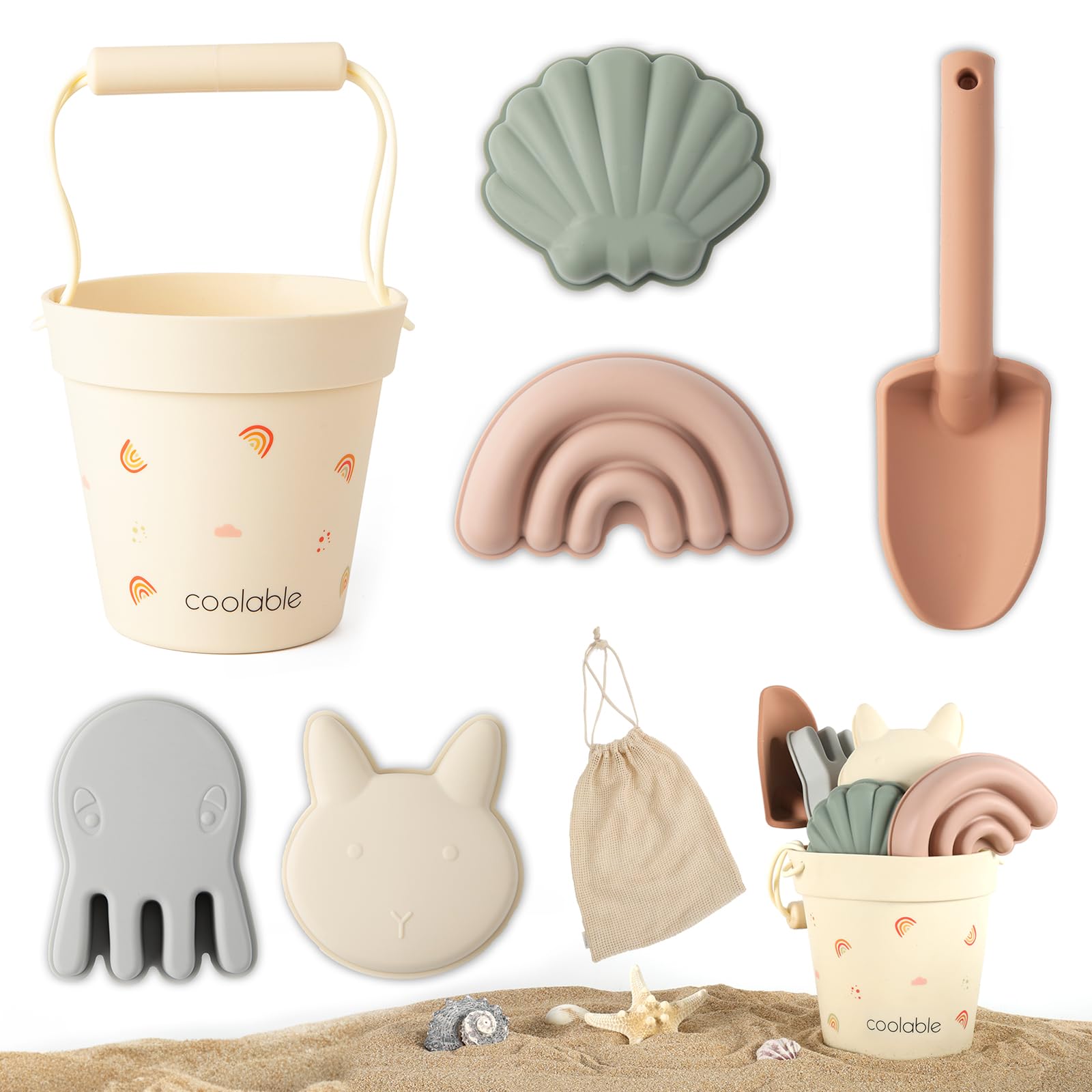 coolable 6 PCS beach toys for kids silicone beach toy set including bucket shovel and 4 sand molds for boys and girls (Rainbow)